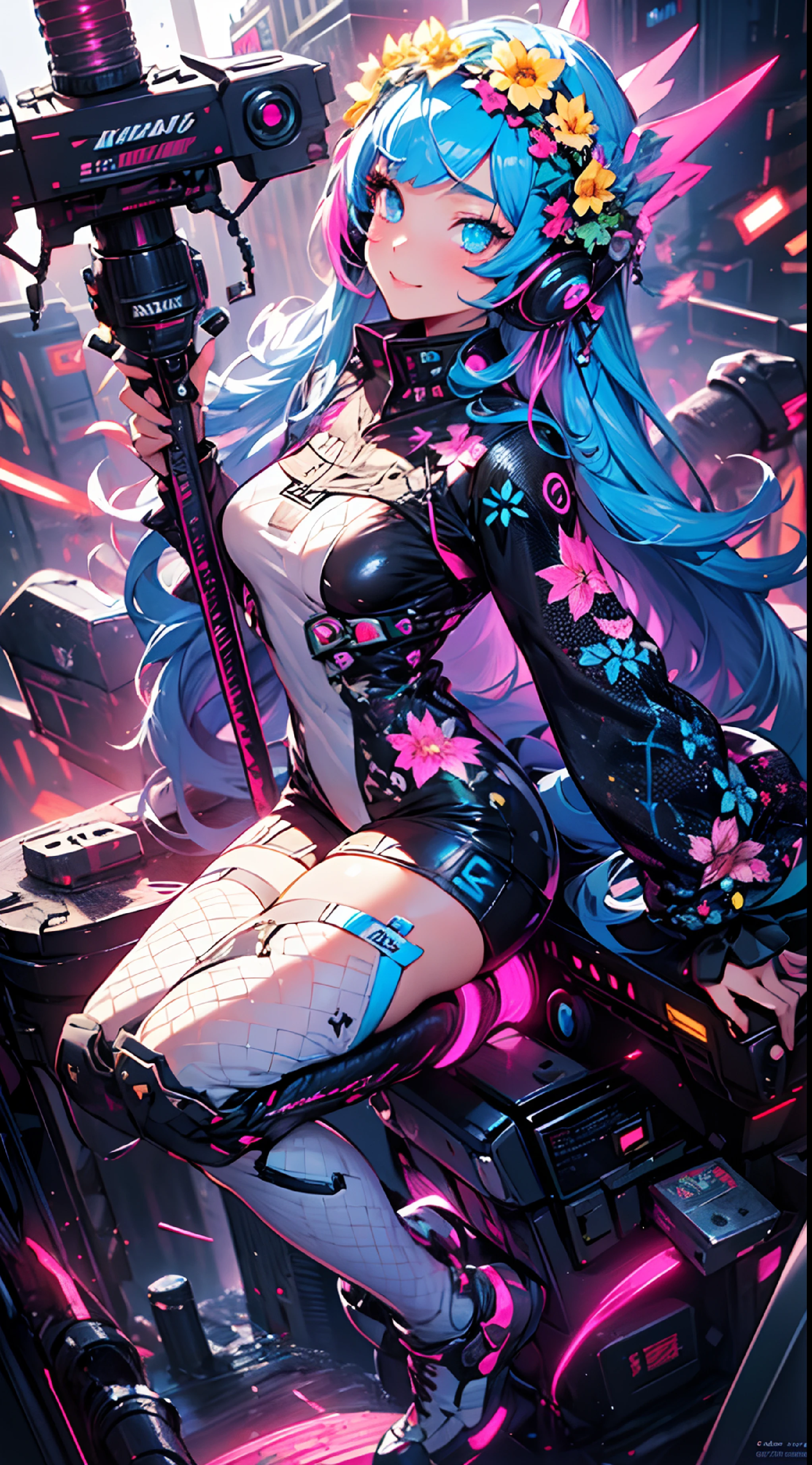 ((cyberpunked)),((flowercrown)),Optical camouflage、headset on head、Neon light、City of the Future、Glowing jumpsuit、(1girl in, Solo:1.6),(Cute smile),(Clothes are simple), (Best Impact:1.5), (maximalism:1.7), Vivid contrast, (Realistic), hyperrealistic illustrations, hight resolution, ultra-detailliert, absurderes,(Fractal Art:1.3)、Random hairstyle、Random hair color colorful、FULL BODYSHOT、Retro、Precise focus、randome pose、cinema4d、Drama