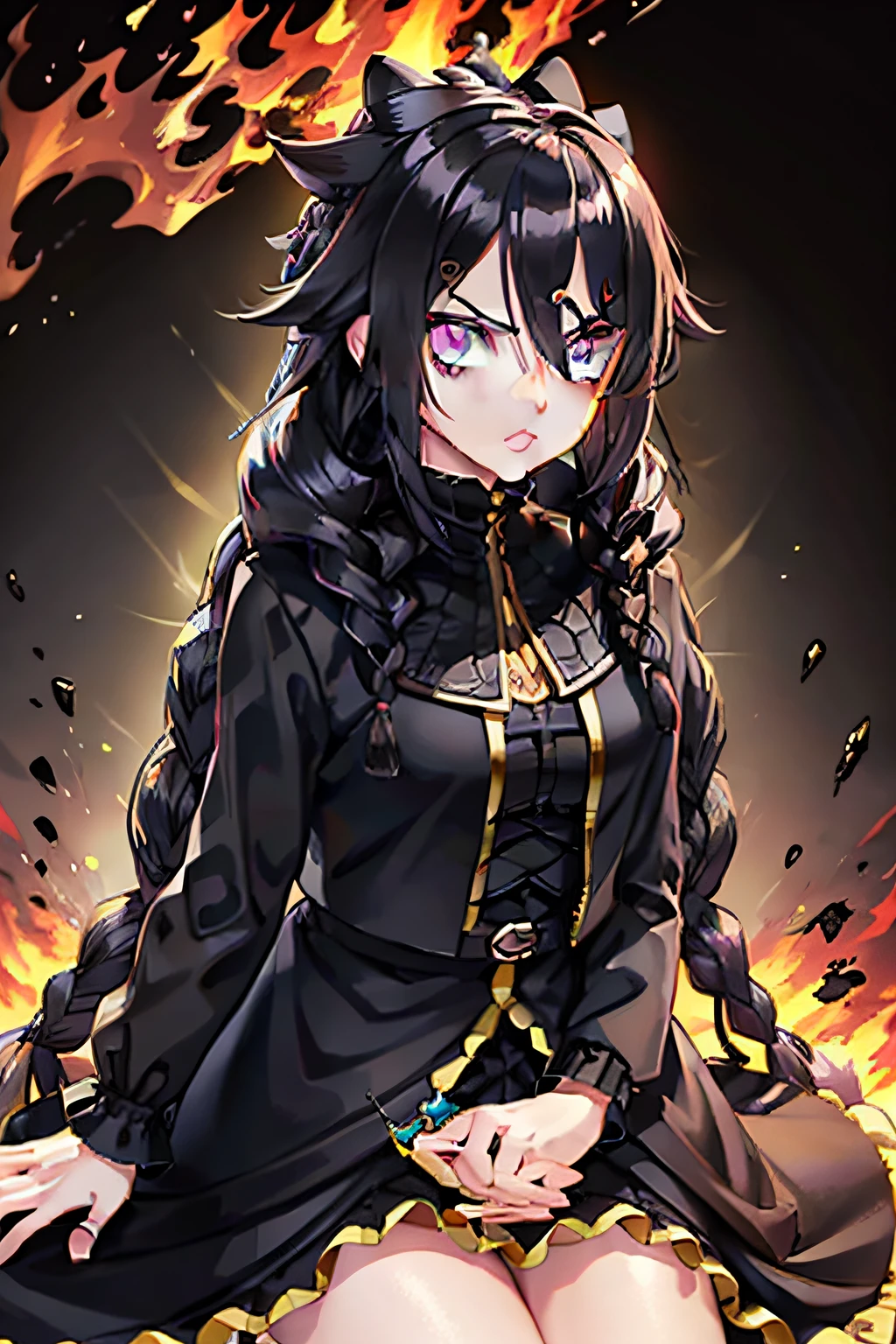 A large braid,Black bright, black shiny,Under the thick eyebrows are a pair of large black and shiny eyes