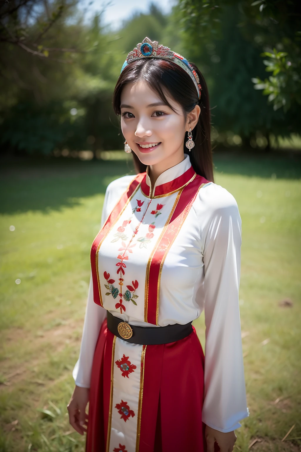 (8K分辨率,Vista full body photo),(1womanl,20yr old,(Facial features of Thai Aom:1.8,s delicate face),详细的脸,Redlip,Fair smooth skin,(Classic Hmong costume:1.4,(breastsout、The back is trimmed with floral cloth,The cuffs are multi-colored horizontal bars,Cardigans,Wear short waist-length),Headband silver crown(Silver crown(styling:It is quadrangular and protruding,Wrapped around such as a spiral or eccentricity,Various patterns are printed on the plane),Silver item(Silver collars range from small to large with up to seven circles),silver necklace,Bun hairpin),(pleatedskirt,There is a waistband(Miao embroidery、batik)),耳Nipple Ring,bangle,Tall and tall,The action of conversation,perfect hand,Ultra-fine clothing material),(Traditional Xijiang Miao village,Festive party night background in cottage house,Exquisite environmental details),(exhilarated,confident smile,Rejoice),(profesional lighting,动态照明),((The colors are more balanced,(black in color,blue colors,red colour))),(Golden section,Cinema lenses,Hasselblad photograp,tmasterpiece:1.3),(Miaozhai idol,Focus in the field,trendsetting,Folklore artist,Art platform)