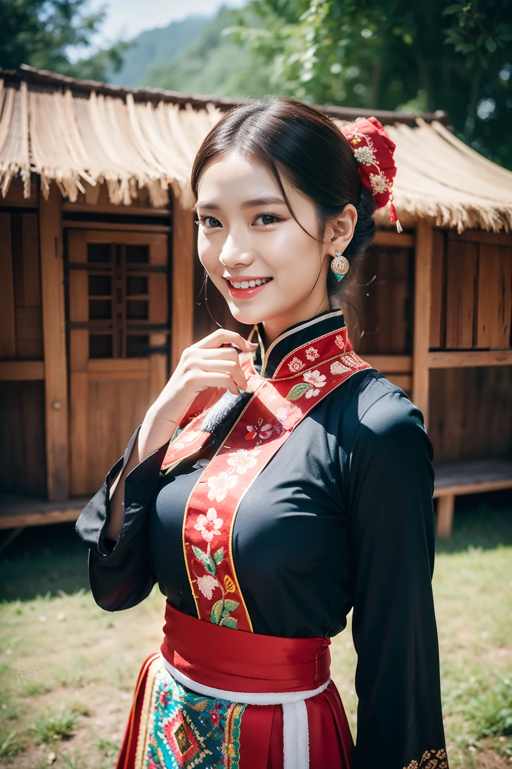 （8K分辨率，Vista full body photo），（1womanl，20yr old，（Facial features of Thai Aom：1.8，s delicate face），详细的脸，Redlip，Fair smooth skin，（Classic Hmong costume：1.4，（breastsout、The back is trimmed with floral cloth，The cuffs are multi-colored horizontal bars，Cardigans，Wear short waist-length），Headband silver crown（Silver crown（styling：It is quadrangular and protruding，Wrapped around such as a spiral or eccentricity，Various patterns are printed on the plane），Silver item（Silver collars range from small to large with up to seven circles），silver necklace，Bun hairpin），（pleatedskirt，There is a waistband（Miao embroidery、batik）），耳Nipple Ring，bangle，Tall and tall，The action of conversation，perfect hand，Ultra-fine clothing material），（Traditional Xijiang Miao village，Festive party night background in cottage house，Exquisite environmental details），（exhilarated，confident smile，Rejoice），（profesional lighting，动态照明），（（The colors are more balanced，（black in color，blue colors，red colour））），（Golden section，Cinema lenses，Hasselblad photograp，tmasterpiece：1.3），（Miaozhai idol，Focus in the field，trendsetting，Folklore artist，Art platform）