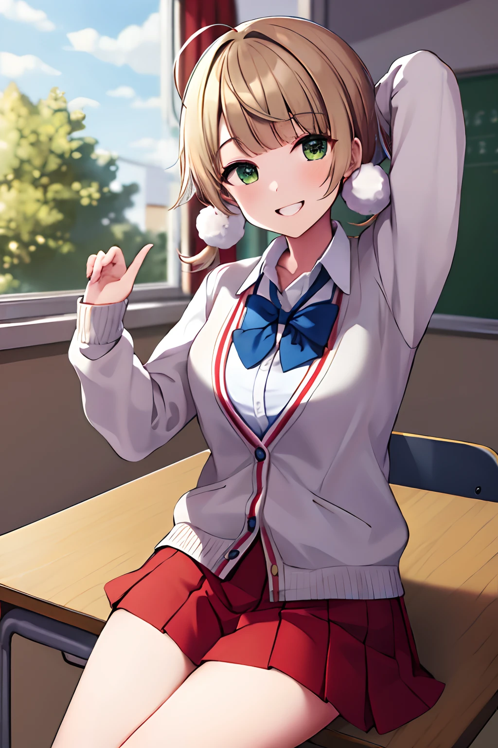 masterpiece, best quality, highres, ui2, 1girl, solo, green eyes, solo, red skirt, white shirt, low twintails, pom pom \(clothes\), collared shirt, blue bow, pleated skirt, school uniform, long sleeves, cardigan cowboy shot, sitting, classroom, desk, hand on table, smile, prenting armpit, arm up