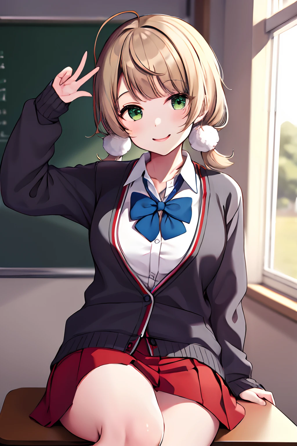 masterpiece, best quality, highres, ui2, 1girl, solo, green eyes, solo, red skirt, white shirt, low twintails, pom pom \(clothes\), collared shirt, blue bow, pleated skirt, school uniform, long sleeves, cardigan cowboy shot, sitting, classroom, desk, hand on table, smile, prenting armpit, arm up