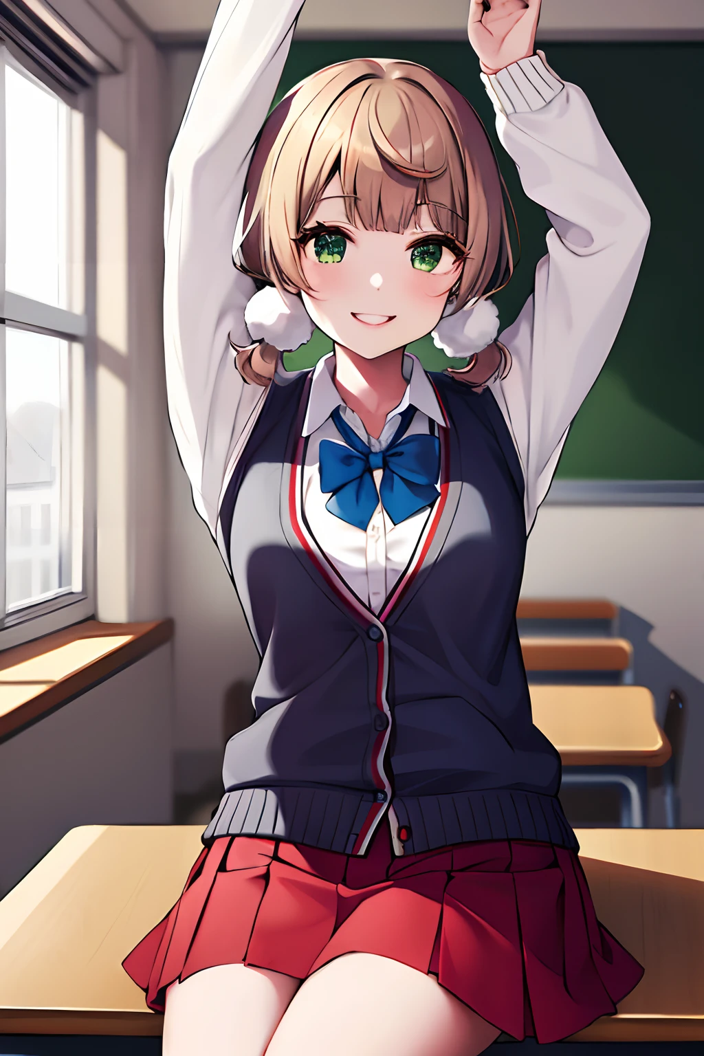 masterpiece, best quality, highres, ui2, 1girl, solo, green eyes, solo, red skirt, white shirt, low twintails, pom pom \(clothes\), collared shirt, blue bow, pleated skirt, school uniform, long sleeves, cardigan cowboy shot, sitting, classroom, desk, hand on table, smile, prenting armpit, arm up