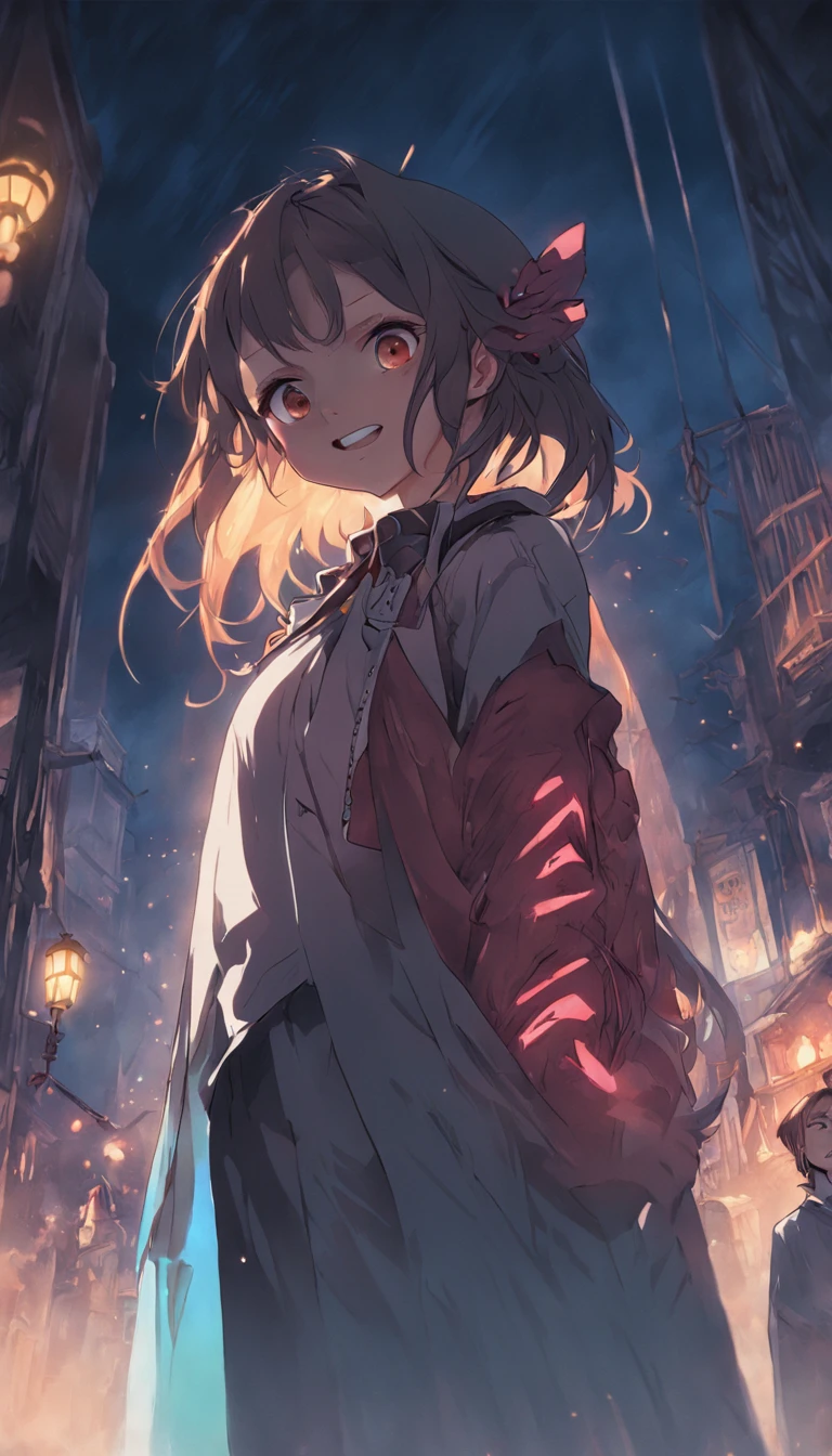 1 young girl standing in front，ssmile，A happy look on his face，There was a vampire behind the girl with its mouth open，Showing fangs，cowboy lens，Cinematic lighting effects