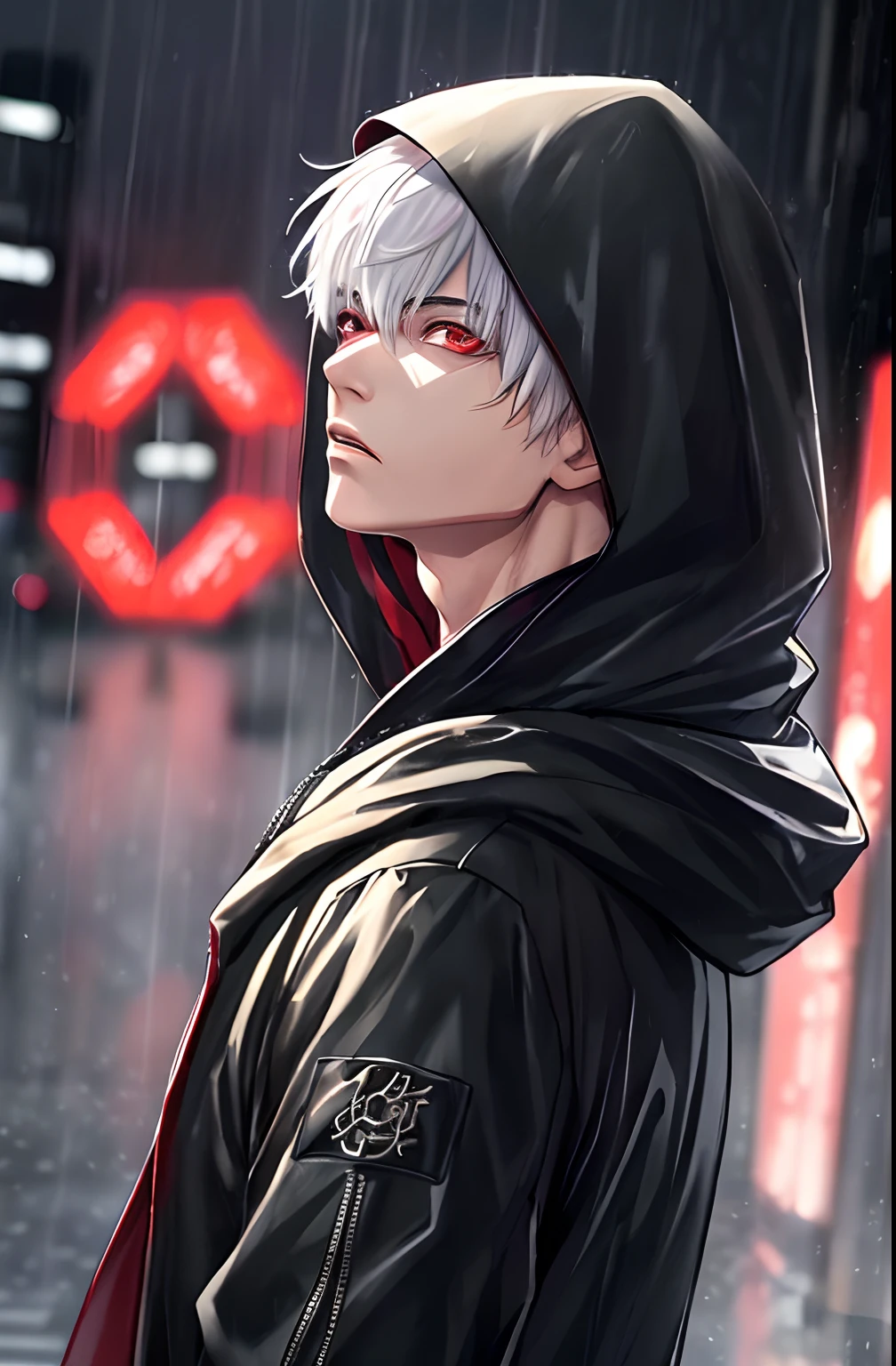 kk, best quality, more details, masterpiece, 1boy, kaneki ken, portrait, male focus, red eyes, solo, bangs, looking at viewer, hood, short hair, rain, tokyo tokyo \(city\),  hood up, nail polish, white hair, luxurious, 8k, detailed, ray tracing, depth of field, cinematic lighting,