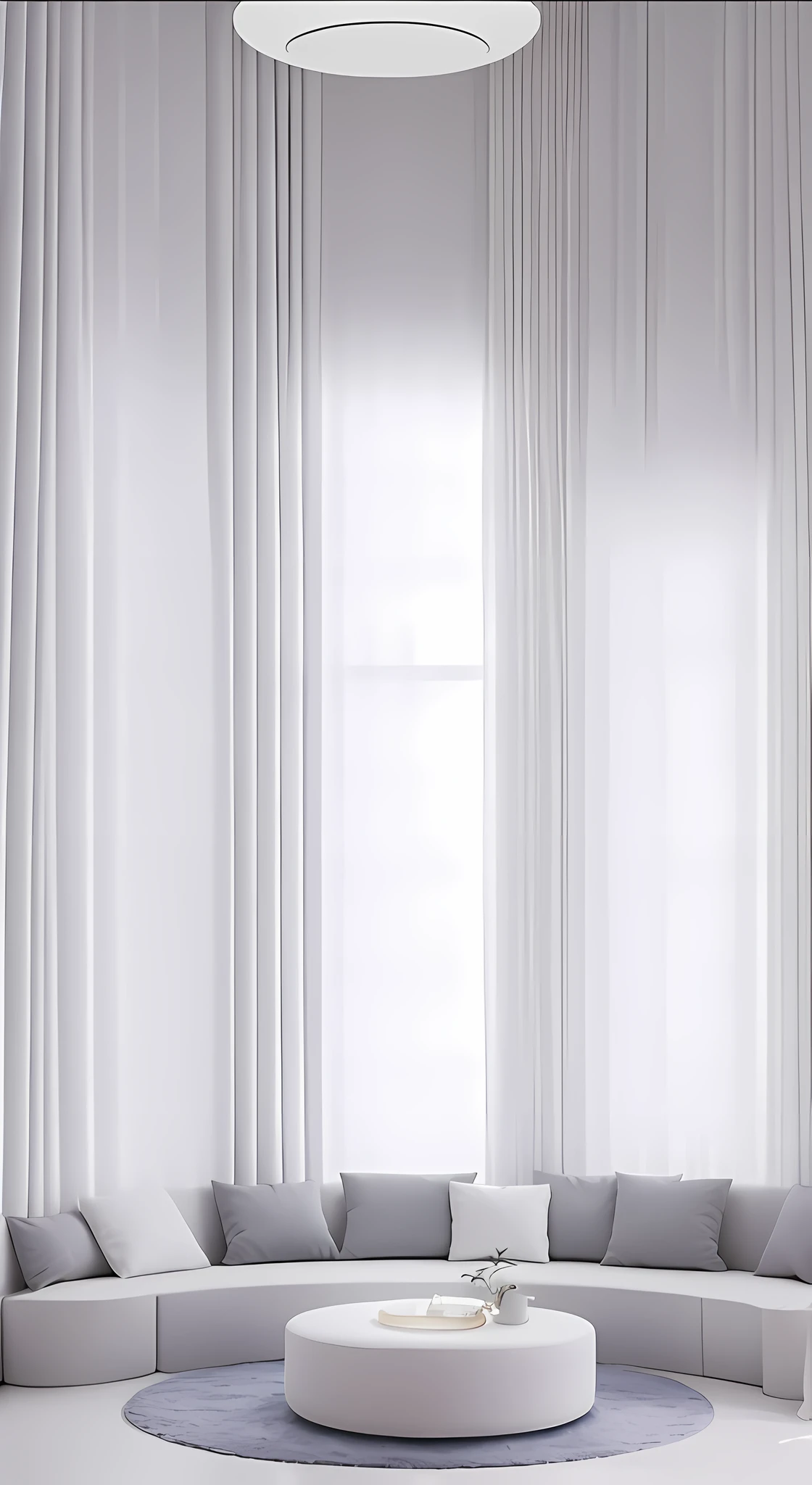 Araffed white living room，Features a round sofa and coffee table, background made of big curtains, Curtains, 窗帘, curtain, hermosas cortinas, Soft window light, soft glowing windows, white board, soft translucent fabric folds, ethereal curtain, drapery, fully covered in drapes, white ambient background, soft light through blinds, gleaming white