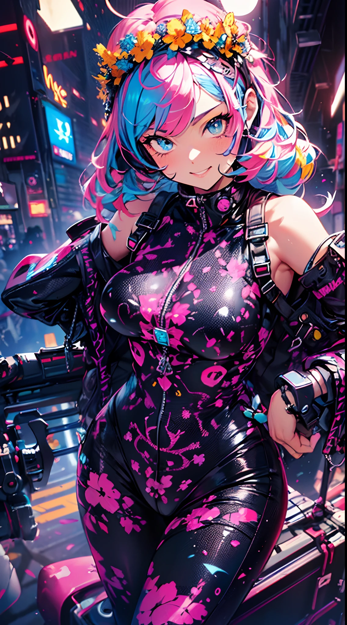 ((cyberpunked)),((flowercrown)),Optical camouflage、headset on head、Neon light、City of the Future、Glowing jumpsuit、(1girl in, Solo:1.6),(Cute smile),(Clothes are simple), (Best Impact:1.5), (maximalism:1.7), Vivid contrast, (Realistic), hyperrealistic illustrations, hight resolution, ultra-detailliert, absurderes,(Fractal Art:1.3)、Random hairstyle、Random hair color colorful、FULL BODYSHOT、Retro、Precise focus、randome pose、cinema4d、Drama