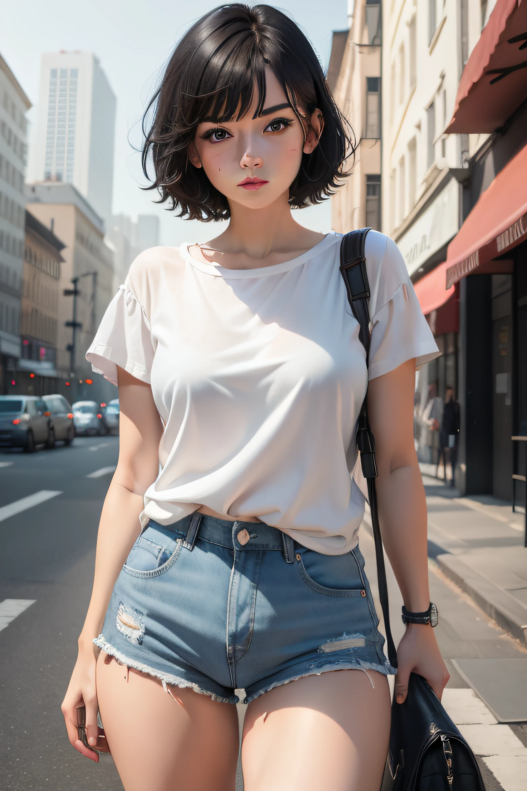 1girl, short black hair, blue eyes, wearing plain white shirt, denim shorts, city, absurdres, high res, ultrasharp, 8K, masterpiece, looking at viewer