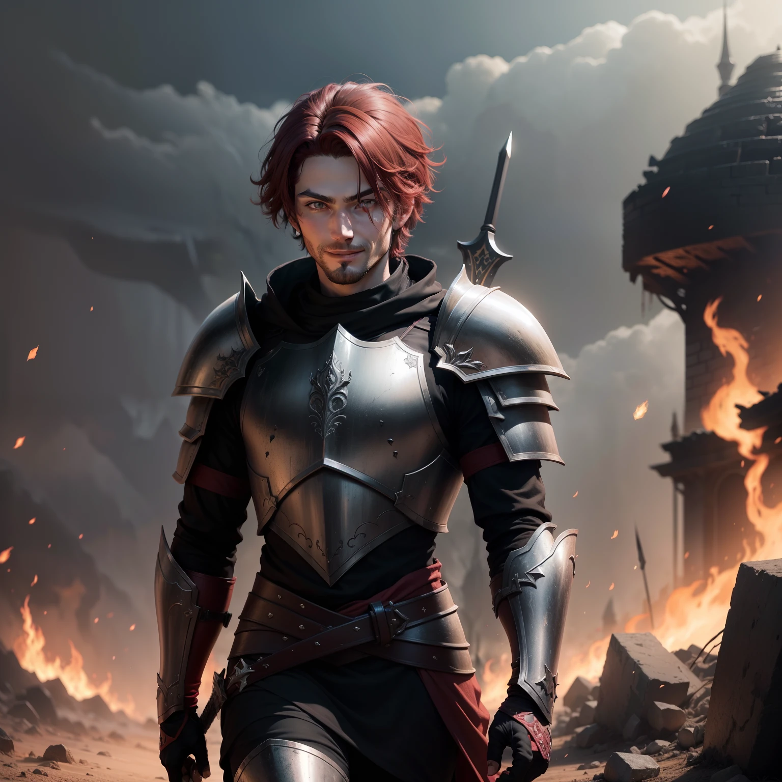 Guy, short Dark Red hair, âmbar colored eyes, wearing a dark black metal armor, without a helmet, having a sword in his back, He is walking away from the battlefield that is destroyed, he has a warmfull smile that hides his power