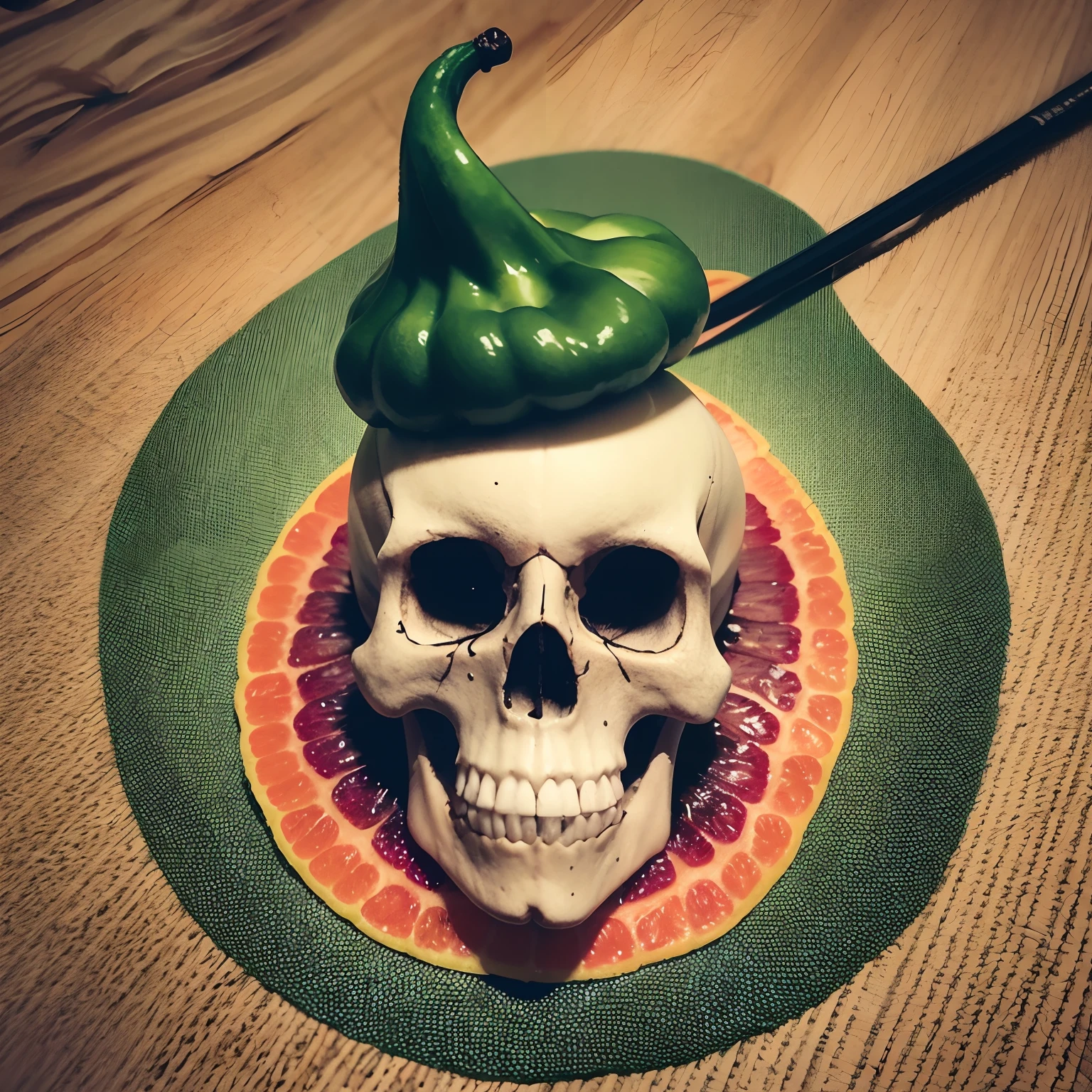 Genera un logotipo impresionante para una marca de salsas picantes llamada 'Death Sentence'. El logotipo debe incorporar elementos clave como calaveras, chiles y cruces de manera creativa y equilibrada. Haz uso de colores vibrantes como rojos, naranjas y negros para transmitir la intensidad y la audacia de la marca. The skull should have a defiant expression with burning eyes, rodeada por una corona de chiles en llamas. Los chiles deben estar dispuestos de forma ascendente, creando un sentido de movimiento y dinamismo. Intersecting crosses should have embossed details and be adorned with small flaming chili peppers at the ends.. El nombre de la marca, 'Death Sentence', debe estar escrito en una fuente audaz y llamativa, with shaded in dark tones for optimal readability. La paleta de colores debe centrarse en tonos rojos, naranjas y negros para capturar la esencia picante y audaz de la marca
