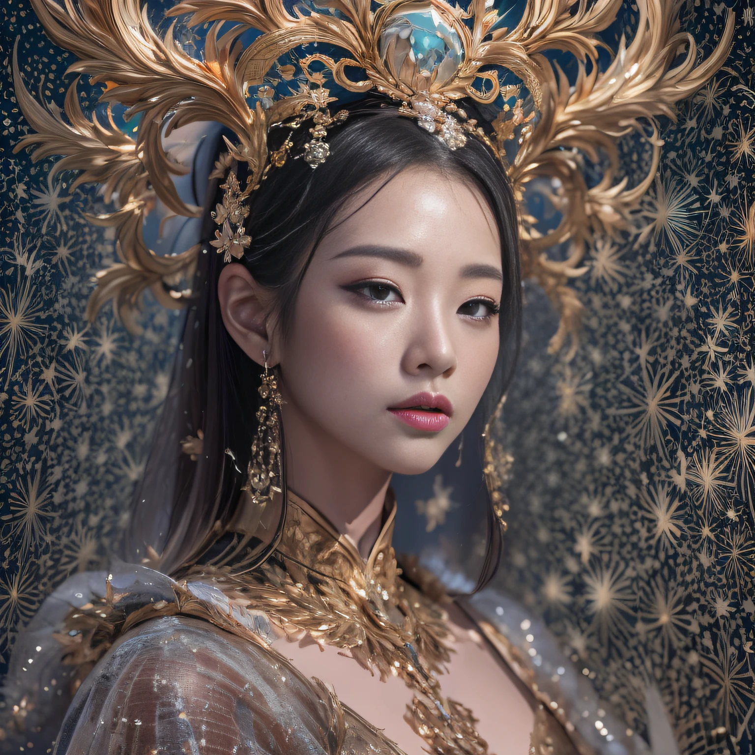 32k(tmasterpiece,k hd,hyper HD,32k)short detailed hair,Gold jewelry area in the back room,Flame Girl ,Yao Lang protector (realisticlying:1.4),Python pattern robe,Purple-pink tiara,Snowflakes fluttering,The background is pure,Hold your head high,Be proud,The nostrils look at people, A high resolution, the detail, RAW photogr, Sharp Re, Nikon D850 Film Stock Photo by Jefferies Lee 4 Kodak Portra 400 Camera F1.6 shots, Rich colors, ultra-realistic vivid textures, Dramatic lighting, Unreal Engine Art Station Trend, cinestir 800,Hold your head high,Be proud,The nostrils look at people