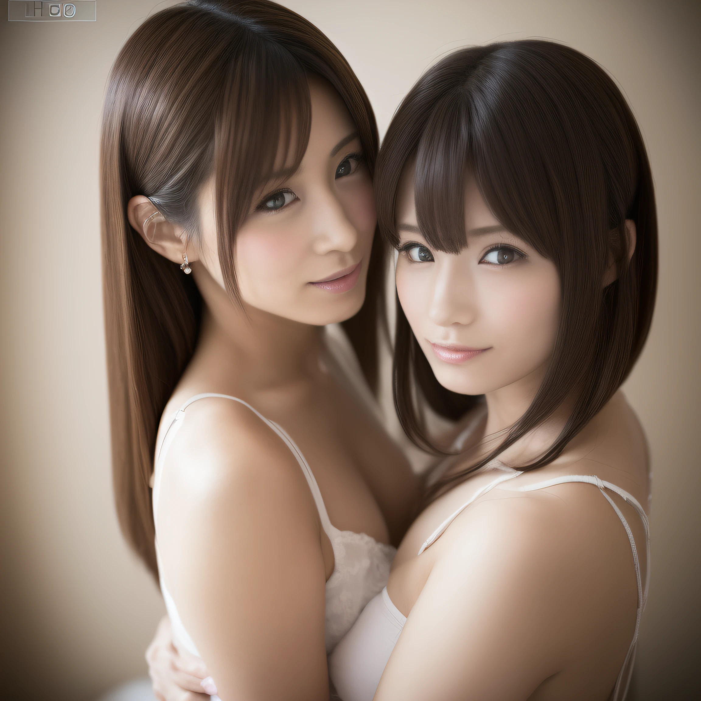 From woman to woman、embracing each other、profile、hposing Gravure Idol、((top-quality、8K、​masterpiece:1.3))、Raw photography