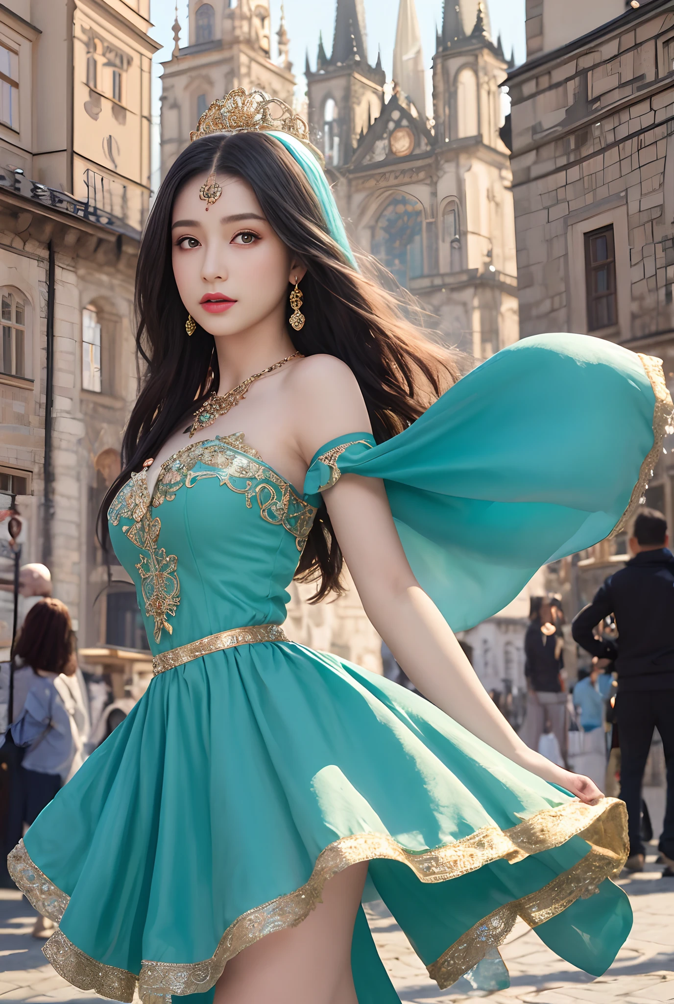(masterpiece, best quality, realistic),
1girl,Prague Old Town Square background, gypsy dress,(princess eyes,shiny pupils),dancing, intricate,teal hue dress, gold, gypsy person, banquet, crowd, picking up skirt,pale skin,
[slight smile],
