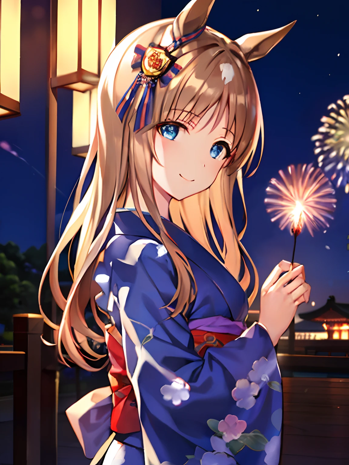 illustration, full body, better lighting, top quality; dark lighting, angle from front; Japanese summer festival, beautiful fireworks; cute smile, kimono costume, slightly small tits, Grass Wonder \(umamusume\), blue eyes