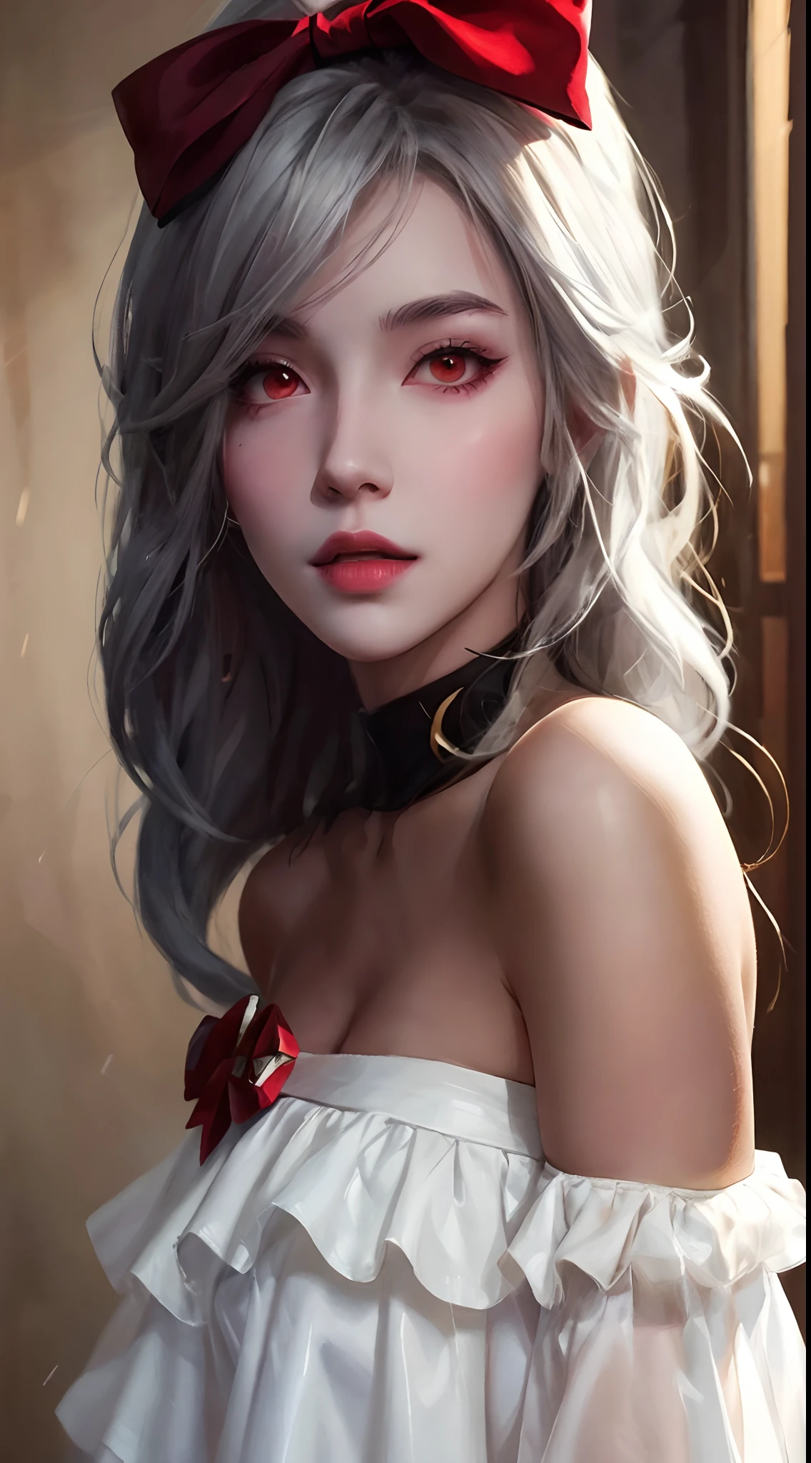 there is a woman with a red bow on her head, ig model, ((white and smooth skin: 1.8)), artgerm, artwork in the style of guweiz, fanart best artstation, beautiful digital artwork, style artgerm, deviantart artstation cgscosiety, perfect white haired girl, gorgeous digital painting, rossdraws digital painting, stunning digital illustration, white haired, beautiful character painting