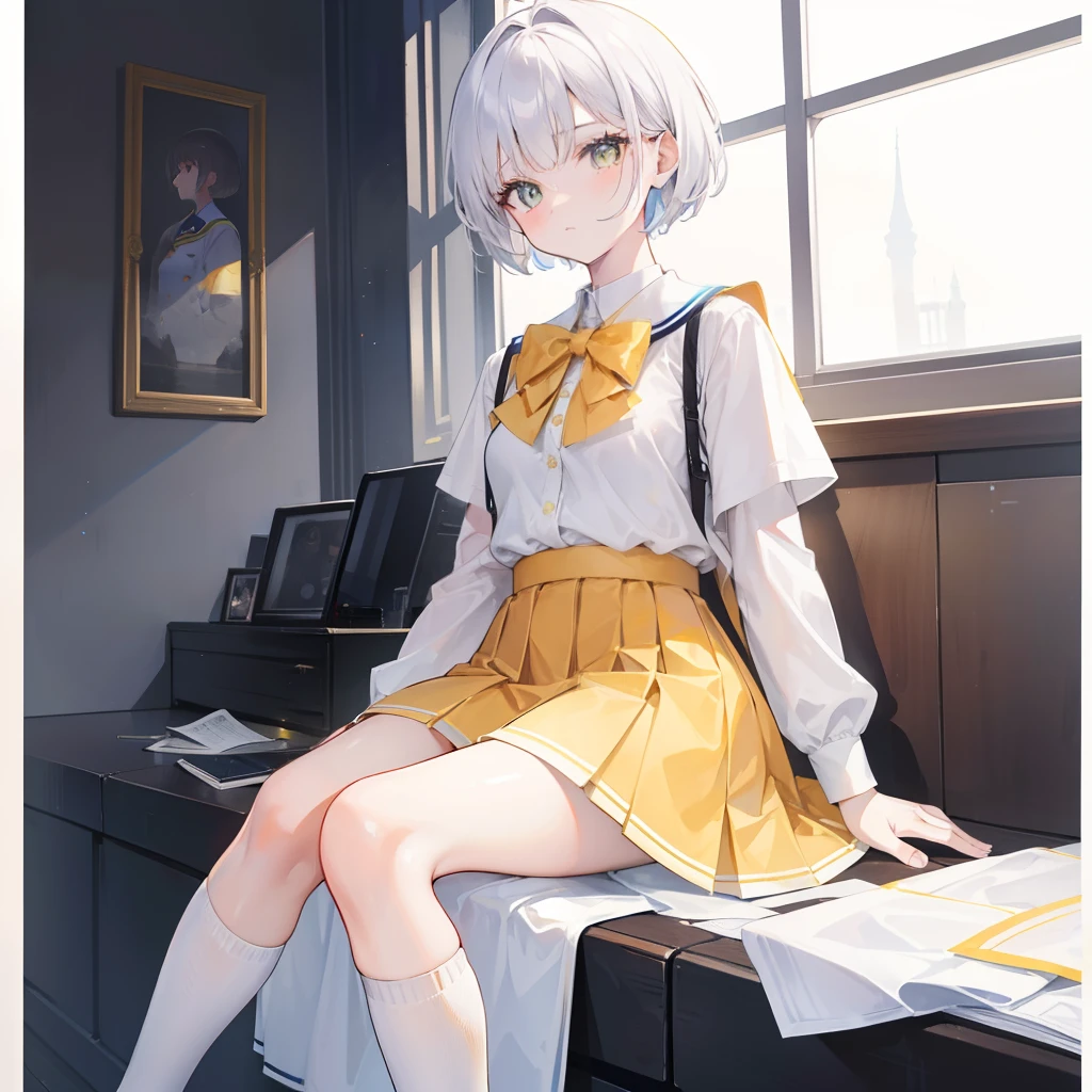 Seven colors of short hair，Wear a yellow apricot JK uniform and a white pleated skirt，and over-the-knee white silk，Looks dignified and cute，A little sweet