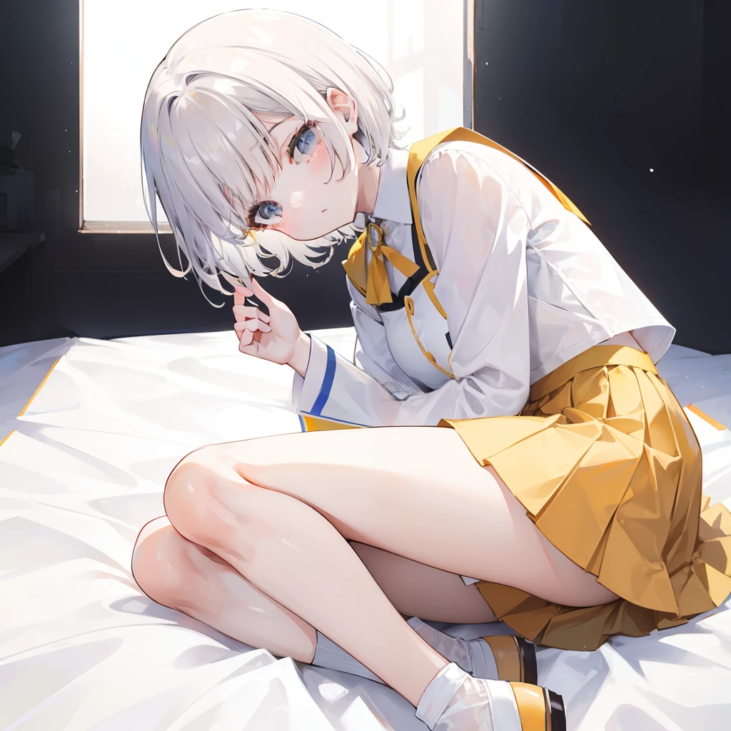 Seven colors of short hair，Wear a yellow apricot JK uniform and a white pleated skirt，and over-the-knee white silk，Looks dignified and cute，A little sweet