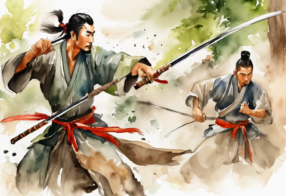 an extreme closeup shot:Young male warriors of the Song Dynasty,Hair soars,Wielding a long sharp knife,The eyes are cold。Fighting posture,Motion blur,perfect hand,Bamboo forest in the wind,lightand shade contrast,top views,Focus on people。Depth of field 1.5。Chinese ink splash painting style,Drawn by Zhang Daqian。