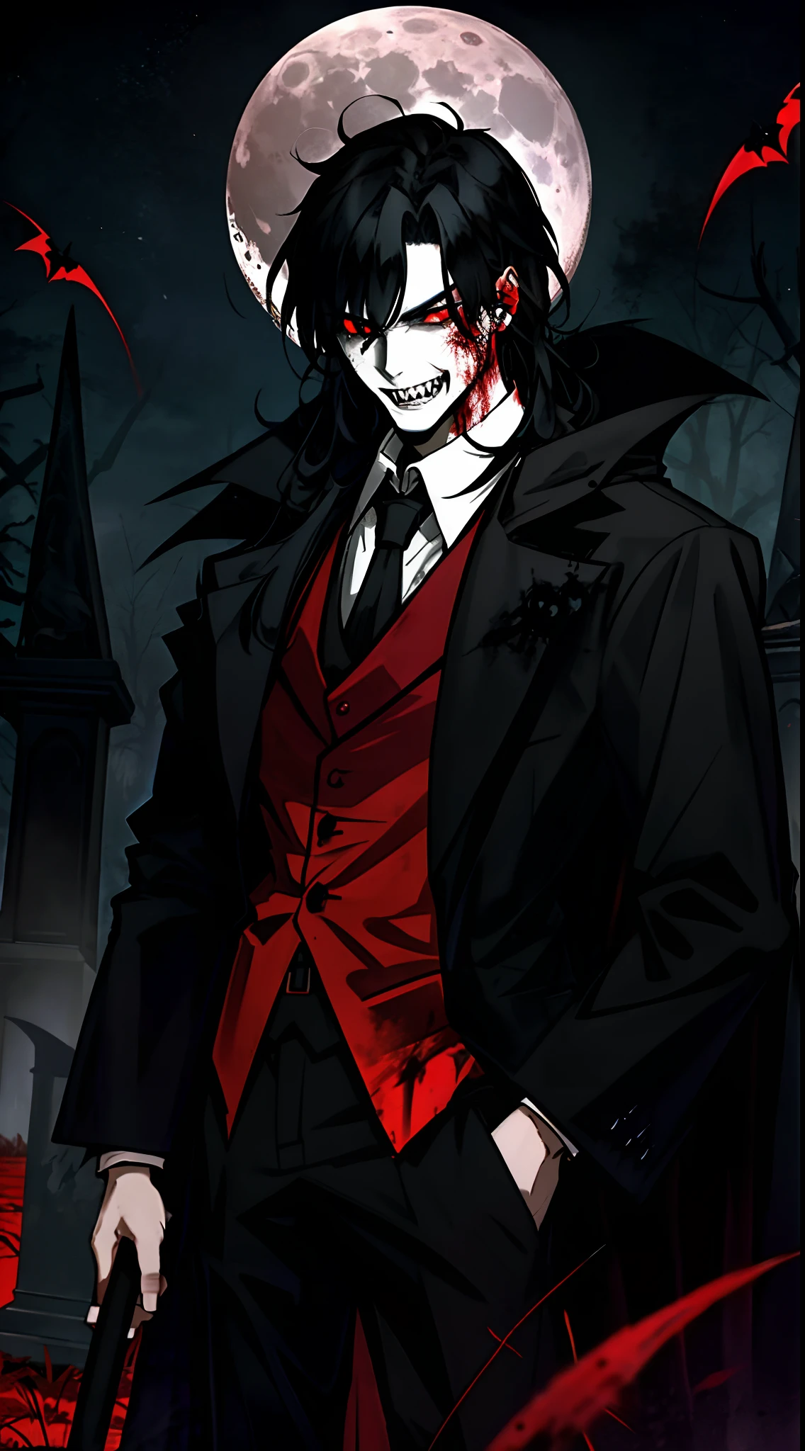 In this picture of a vampire,We can see a vampire wearing a black coat or cape,The red eyes flashed with horror。He stands in a cemetery or in the dark environment of the forest,Long or black hair flutters in the wind。His teeth had turned into sharp fangs,It seems to be waiting for the next prey。Blood or drops of blood run down the corners of his mouth,The background of the moon or night enhances the atmosphere of horror or horror。In this scenario,You can also add elements like zombies or skeletons,Make the picture even more terrifying。