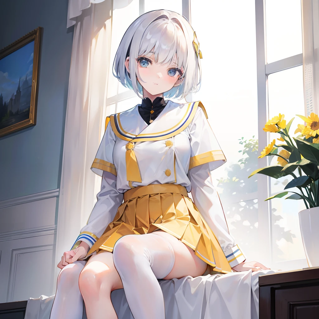 Seven colors short hair,Wear a yellow apricot JK uniform and a white pleated skirt,and knee-high white silk,Looks dignified and cute,A little sweet