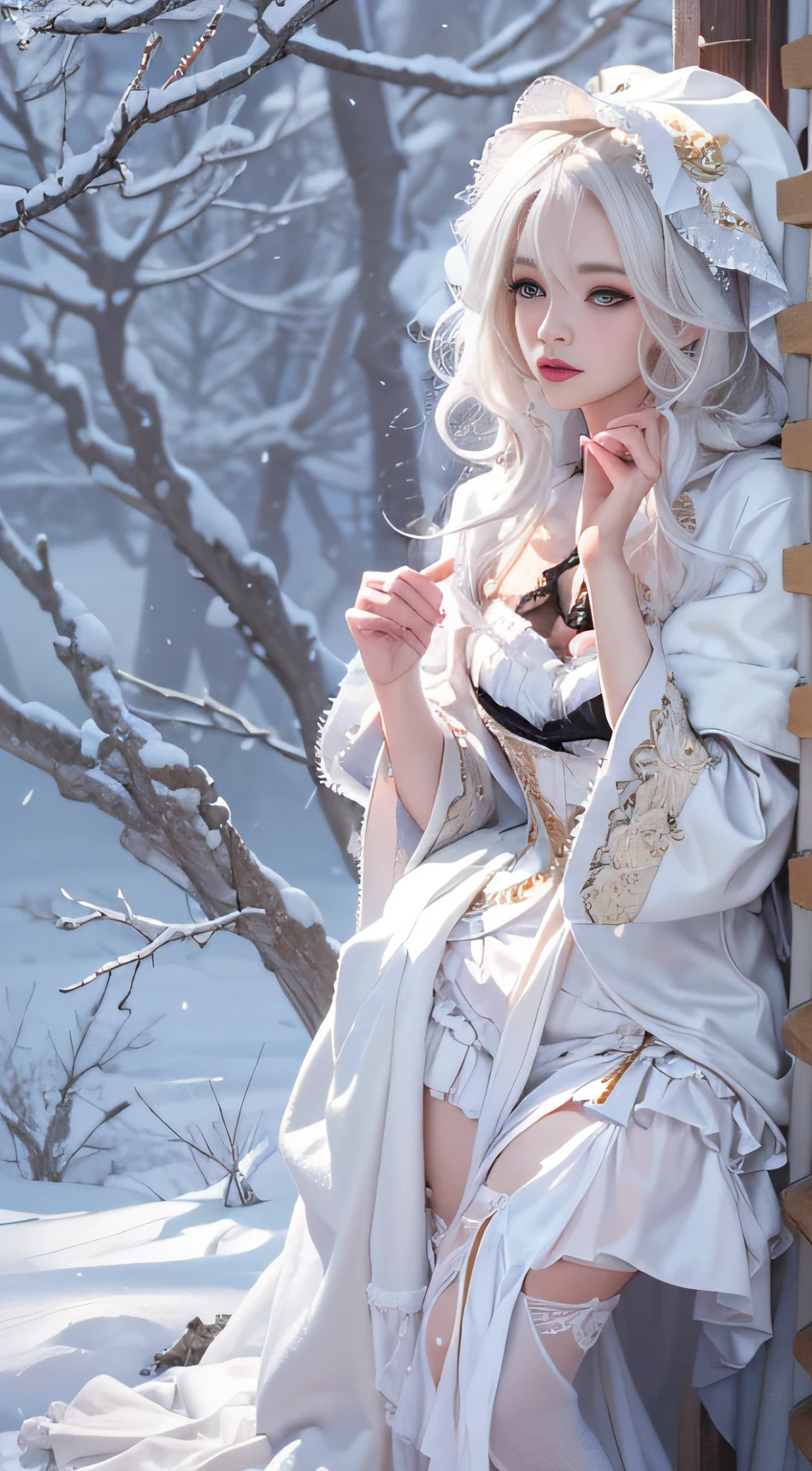 Photorealistic, high resolution, 1 Women, Solo, Hips up,(Lolita costume)， Beautiful eyes, White hair, ringed eyes, (Sit，Cloak，)，snowfield，