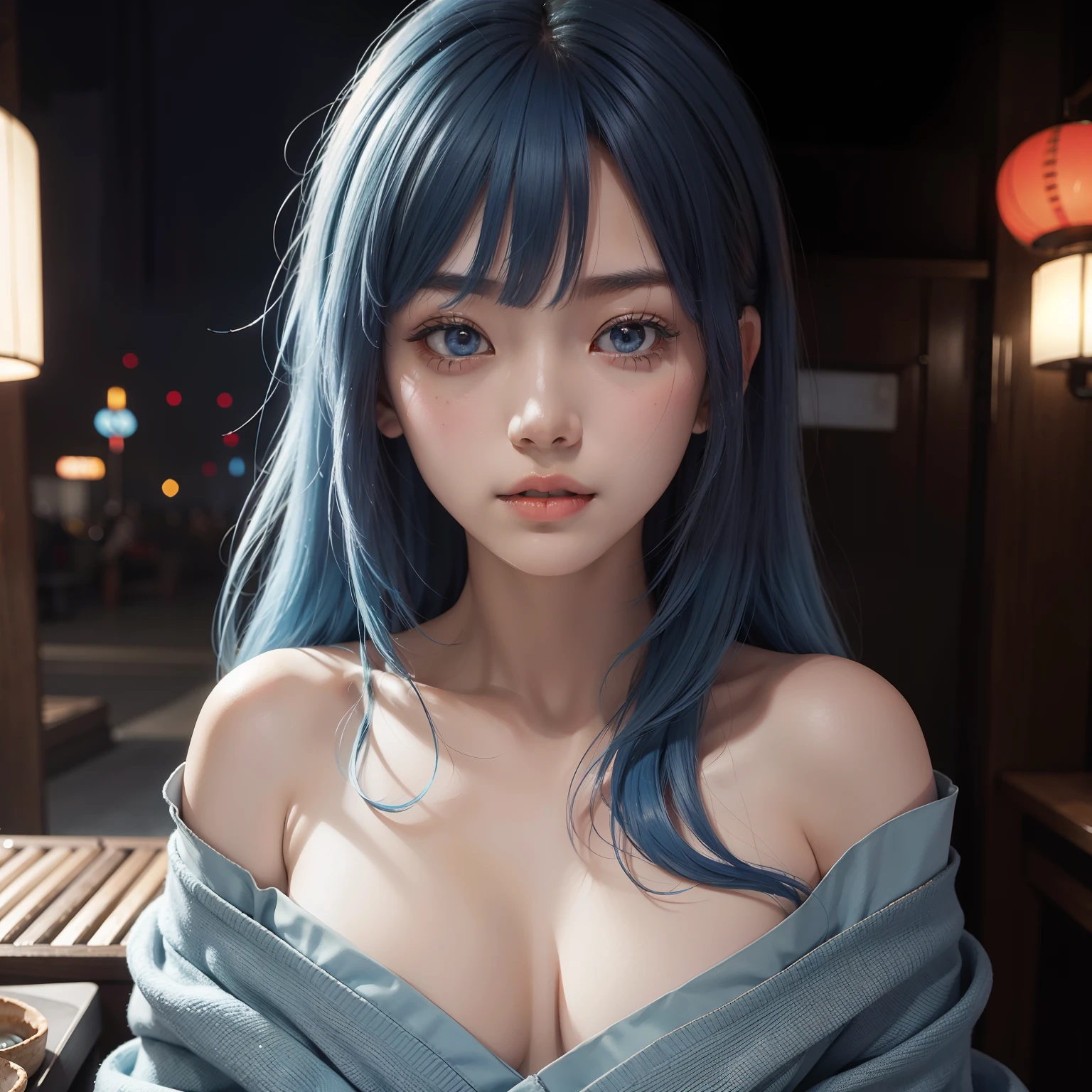 Famous Japanese AV proud figure on display Detailed background Picture quality HD Movie texture Expression Scratching posture Fair skin Blue hair Bangs Pearlescent Wife's seduction Facing the audience