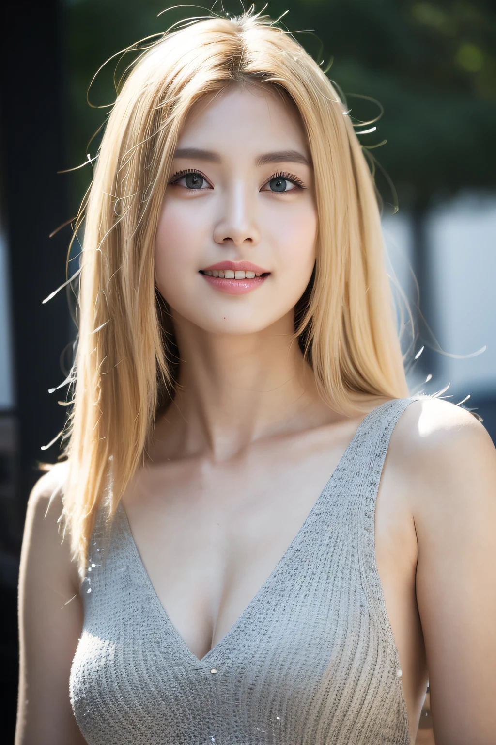 best quality, masterpiece, Highres, coffee shop shoot, chinese lady, happy and smile, Beautiful and perfect face, long blonde hair with Layer Cut, Simple and tight dress, Complex Details, Cinematic feel, 8K, highlydetailed、Big boobs、Shot from the waist up、hand on own chest, Distract your gaze、turning sideways、sideshot, ultra-detailed face, detailed lips, detailed eyes, double eyelid