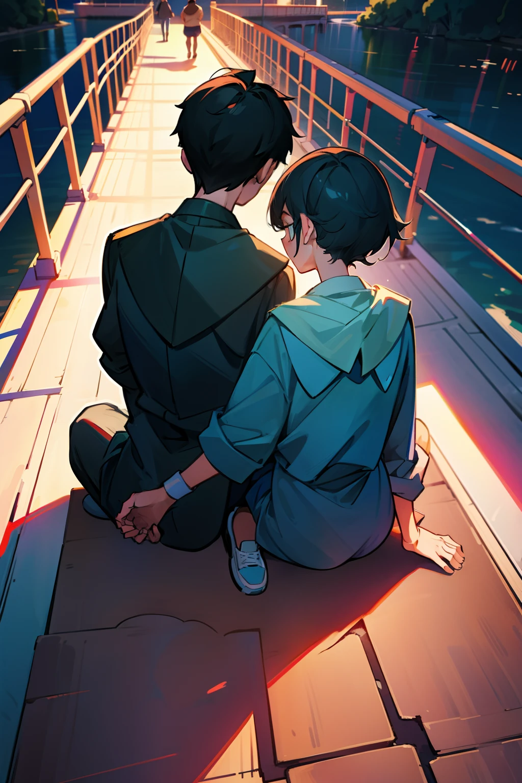 girl，1boy，25 age old，Hold each other，Sit on the bridge，Back Shadow，Clean picture