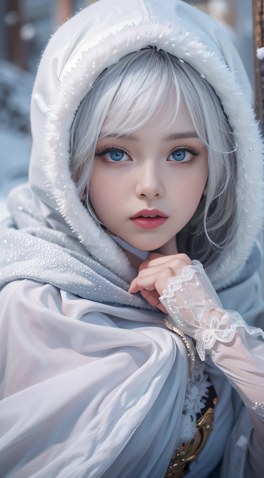 Photorealistic, high resolution, 1 Women, Solo, Hips up,(ta costume), Beautiful eyes, White hair, ringed eyes, (Sit,Cloak,),snowfield,