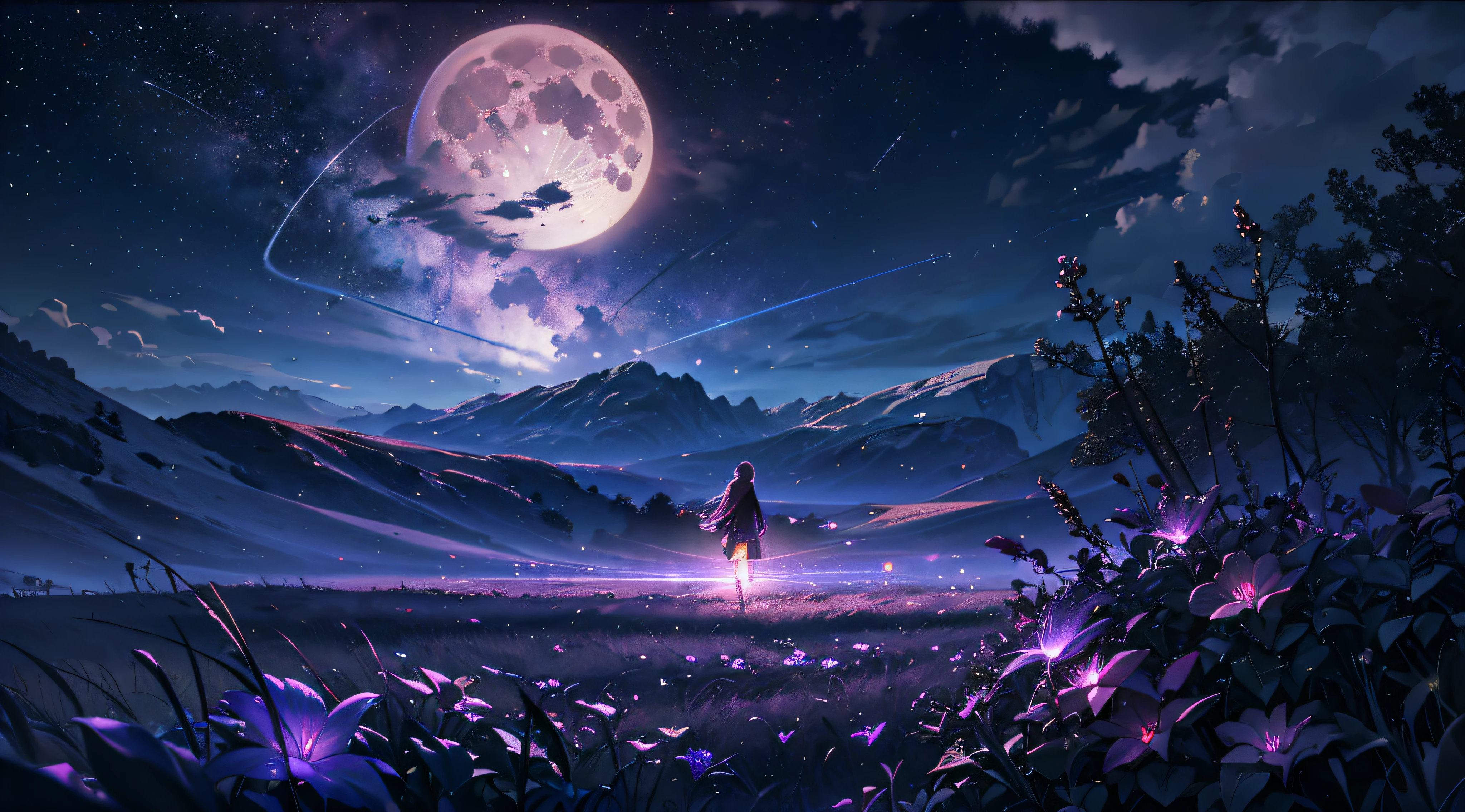 expansive landscape photograph , (a view from below that shows sky above and open field below), a girl standing on flower field looking up, (full moon:1.2), ( shooting stars:0.9), (nebula:1.3), distant mountain, tree BREAK production art, (warm light source:1.2), (Firefly:1.2), lamp, lot of purple and orange, intricate details, volumetric lighting BREAK (masterpiece:1.2), (best quality), 4k, ultra-detailed, (dynamic composition:1.4), highly detailed, colorful details,( iridescent colors:1.2), (glowing lighting, atmospheric lighting), dreamy, magical, (solo:1.2) --auto --s2