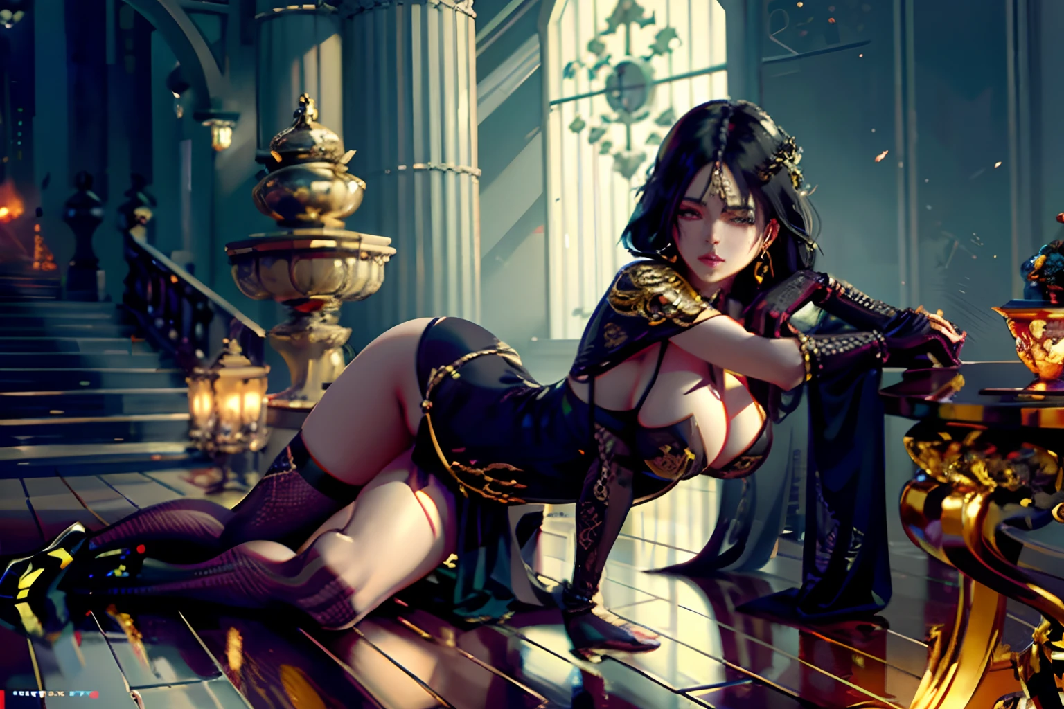 arafed woman in a black outfit laying on a wooden floor, 8k high quality detailed art, 2. 5 d cgi anime fantasy artwork, best on wlop, seductive cyberpunk dark fantasy, stunning cgsociety, fanart best artstation, 8k stunning artwork, fantasy art style, the style of wlop, 4k fantasy art, art of wlop