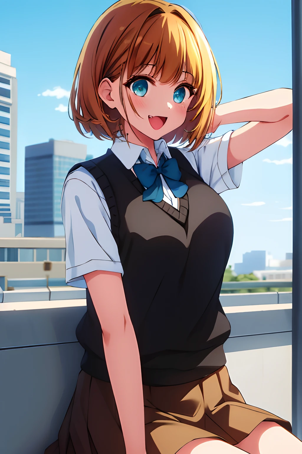masterpiece, high quality, highres, memcho, 1girl, solo, cowboy shot, outdoors, street, city, sitting, skirt, brown skirt, black vest, sweater vest, black shirt, blue bowtie, (:3), :d, fang prenting armpit, arm up