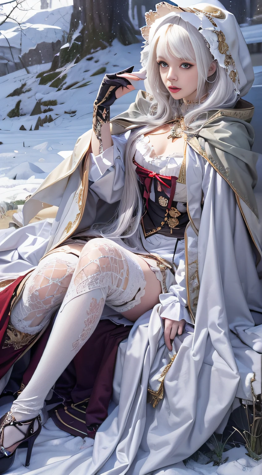 Photorealistic, high resolution, 1 Women, Solo, Hips up,(Lolita costume)， Beautiful eyes, White hair, ringed eyes, (Sit，Cloak，)，snowfield，