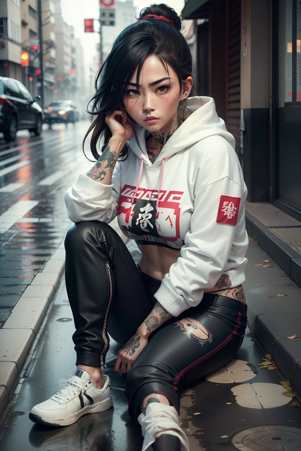 Mulher japonesa com tatuagens yakuza usando uma regata, military pants and a hoodie with a torn hoodie, sitting on a sidewalk on the street as it rains with an expression of sadness