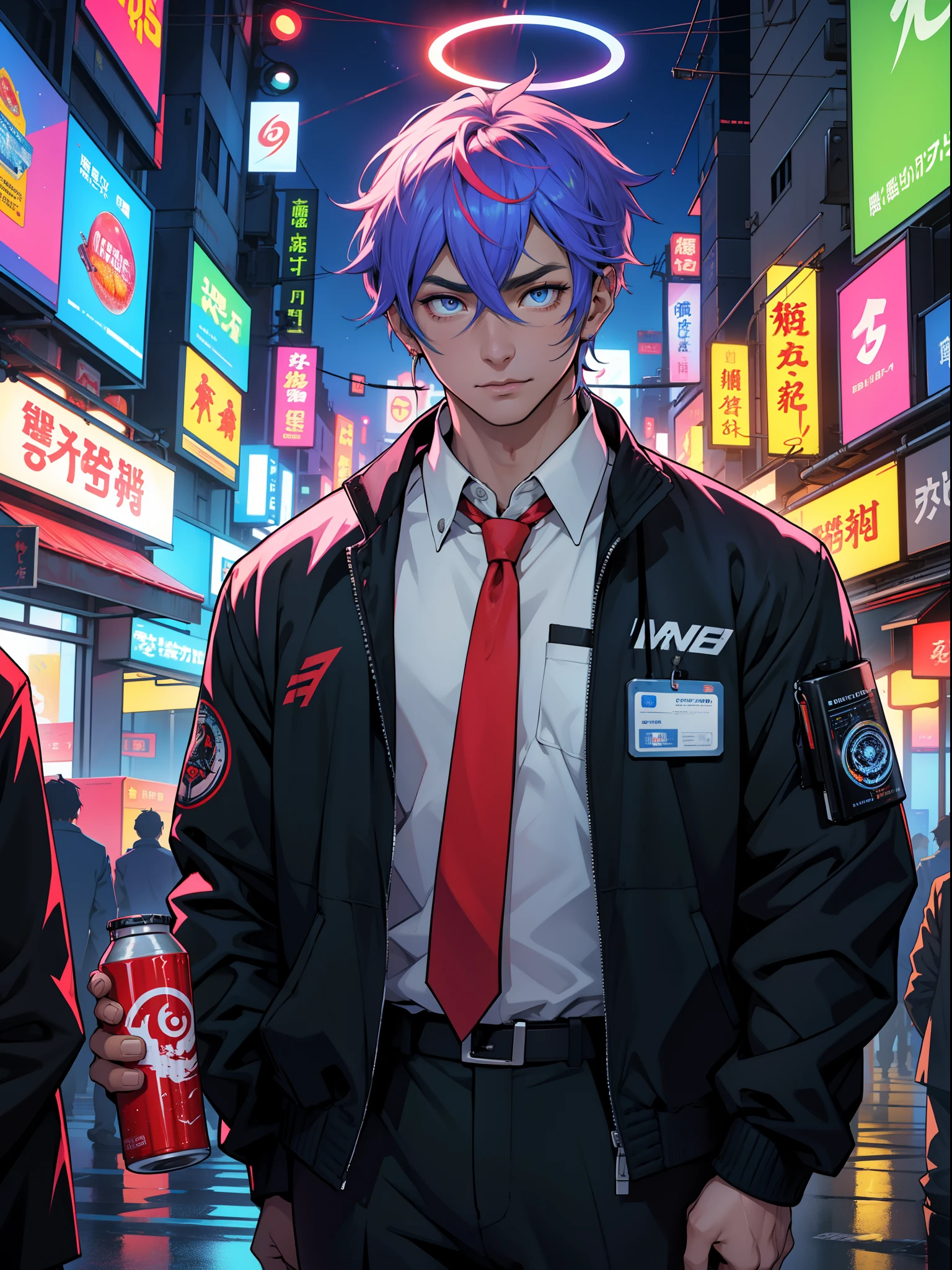 8k、high-level image quality、One Man、systems engineer、overtime、Energy drinks、Energy drinks、Neon Street、TOKYOcty、s Office、personal computers、keyboard、Cable Cyberpunk、Vivid Color、Shadows are vivid colors、Clear wording、Clear eyes and nose、salaryman、officeworker、Near future、Surrounded by liquid crystals、toil、neck tie、jaket、Clear contour lines、8K、Clear facial expression parts、The face is clearly visible、Employee ID card hanging from the neck、Anime Touch、Comic style、digital、Electromechanical、Acrobatic regime、Movie Poster Style、Vivid Color、Pop Design、businessman、Shadows are vivid colors、Energy Drinks、Cans of energy drinks are scattered、Put the capsule-type drug on the tongue、Scattered with the drug in capsule form、psychedelic colors、Psychopaths、Halo is pointing、god、Deities々Right、Vibrant colors across the screen、Clown makeup、Mandala in the background、Buddhist Zazen、Psych、businessman、satori、Eyes、A meditative、Covered by keywords and mice and electronics、Holding medication in the mouth、The pupil of the eye is open、