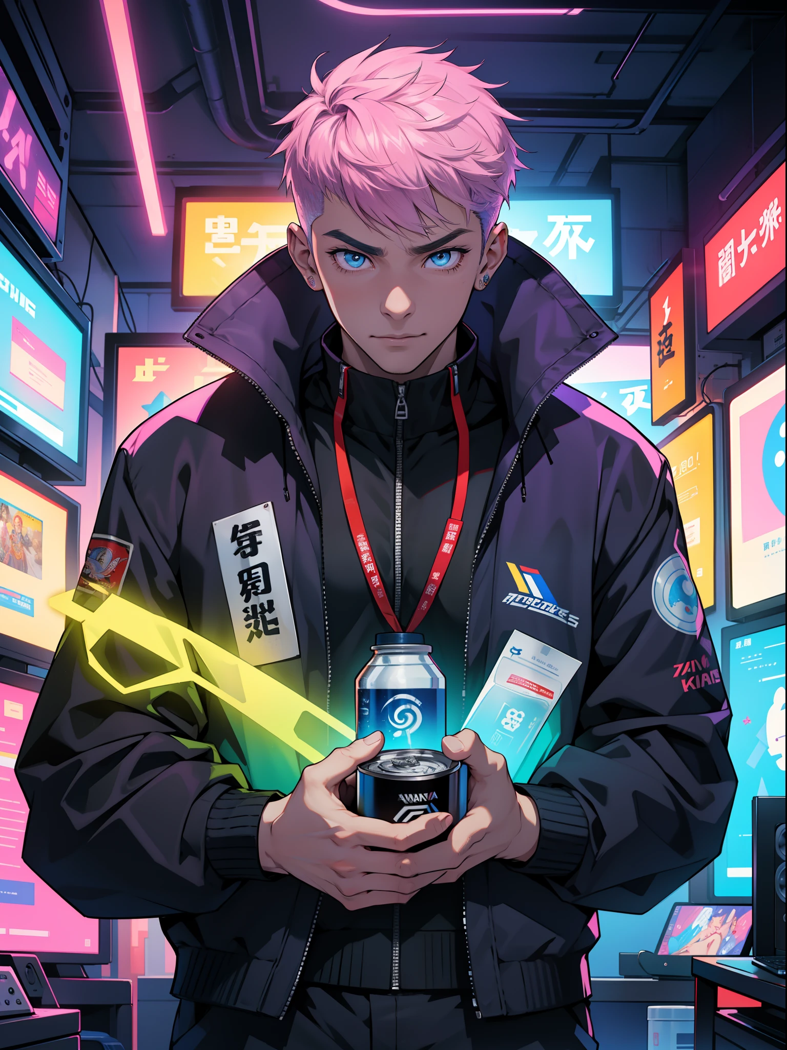 8k、high-level image quality、One Man、systems engineer、overtime、Energy drinks、Energy drinks、Neon Street、TOKYOcty、s Office、personal computers、keyboard、Cable Cyberpunk、Vivid Color、Shadows are vivid colors、Clear wording、Clear eyes and nose、salaryman、officeworker、Near future、Surrounded by liquid crystals、toil、neck tie、jaket、Clear contour lines、8K、Clear facial expression parts、The face is clearly visible、Employee ID card hanging from the neck、Anime Touch、Comic style、digital、Electromechanical、Acrobatic regime、Movie Poster Style、Vivid Color、Pop Design、businessman、Shadows are vivid colors、Energy Drinks、Cans of energy drinks are scattered、Put the capsule-type drug on the tongue、Scattered with the drug in capsule form、psychedelic colors、Psychopaths、Halo is pointing、god、Deities々Right、Vibrant colors across the screen、Clown makeup、Mandala in the background、Buddhist Zazen、Psych、businessman、satori、Eyes、A meditative、Covered by keywords and mice and electronics、Holding medication in the mouth、The pupil of the eye is open、