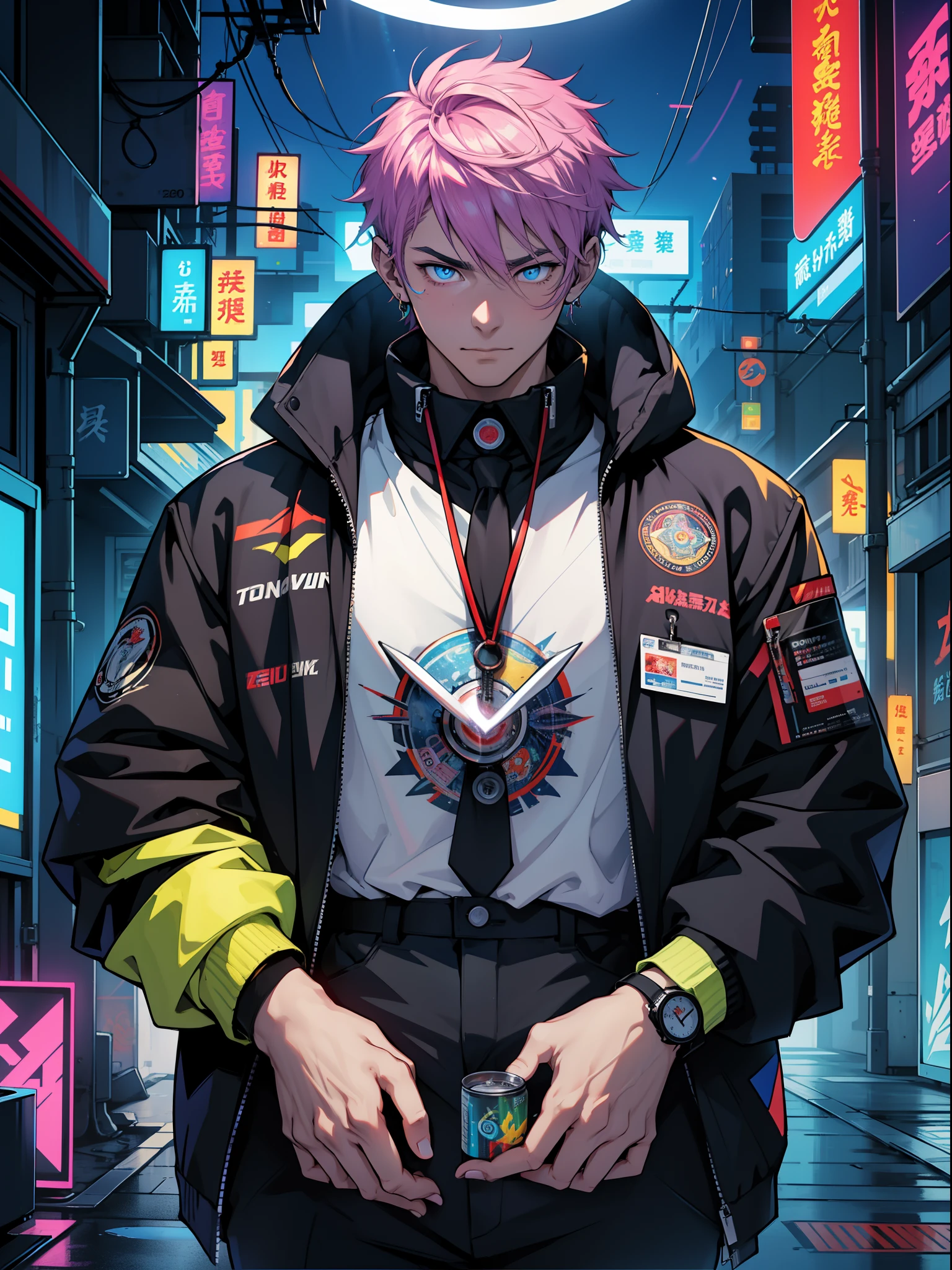 8ｋ、high-level image quality、One Man、systems engineer、overtime、Energy drinks、Energy drinks、Neon Street、TOKYOcty、s Office、personal computers、keyboard、Cable Cyberpunk、Vivid Color、Shadows are vivid colors、Clear wording、Clear eyes and nose、salaryman、officeworker、Near future、Surrounded by liquid crystals、toil、neck tie、jaket、Clear contour lines、8K、Clear facial expression parts、The face is clearly visible、Employee ID card hanging from the neck、Anime Touch、Comic style、digital、Electromechanical、Acrobatic regime、Movie Poster Style、Vivid Color、Pop Design、businessman、Shadows are vivid colors、Energy Drinks、Cans of energy drinks are scattered、Put the capsule-type drug on the tongue、Scattered with the drug in capsule form、psychedelic colors、Psychopaths、Halo is pointing、god、Deities々Right、Vibrant colors across the screen、Clown makeup、Mandala in the background、Buddhist Zazen、Psych、businessman、satori、Eyes、A meditative、Covered by keywords and mice and electronics、Holding medication in the mouth、The pupil of the eye is open、