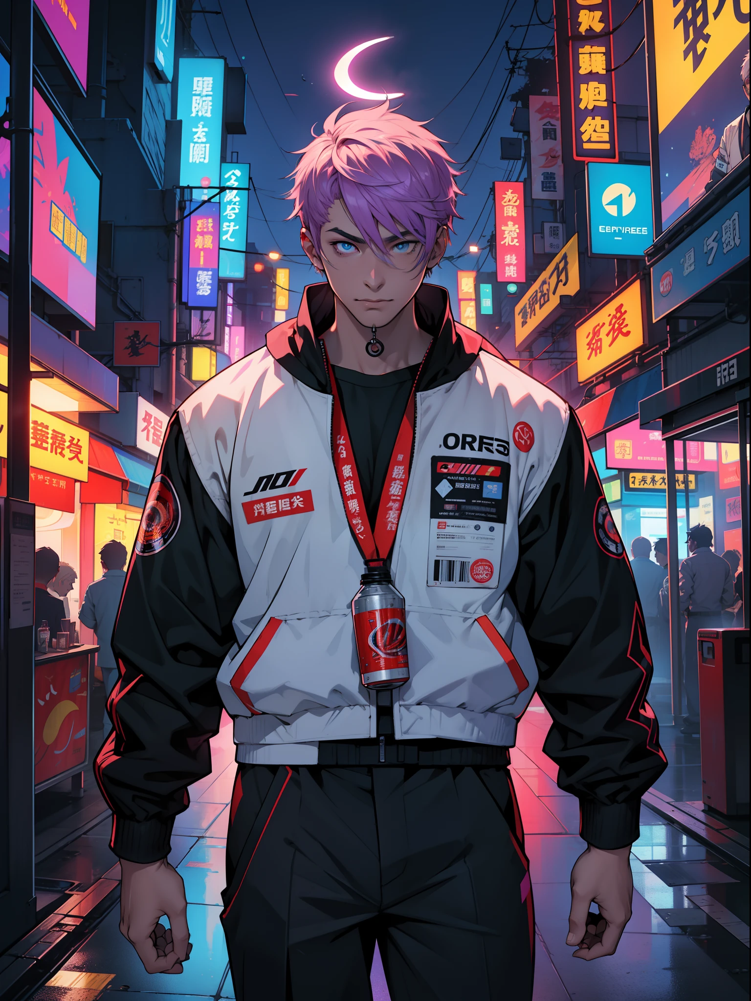 8k、high-level image quality、One Man、systems engineer、overtime、Energy drinks、Energy drinks、Neon Street、TOKYOcty、s Office、personal computers、keyboard、Cable Cyberpunk、Vivid Color、Shadows are vivid colors、Clear wording、Clear eyes and nose、salaryman、officeworker、Near future、Surrounded by liquid crystals、toil、neck tie、jaket、Clear contour lines、8K、Clear facial expression parts、The face is clearly visible、Employee ID card hanging from the neck、Anime Touch、Comic style、digital、Electromechanical、Acrobatic regime、Movie Poster Style、Vivid Color、Pop Design、businessman、Shadows are vivid colors、Energy Drinks、Cans of energy drinks are scattered、Put the capsule-type drug on the tongue、Scattered with the drug in capsule form、psychedelic colors、Psychopaths、Halo is pointing、god、Deities々Right、Vibrant colors across the screen、Clown makeup、Mandala in the background、Buddhist Zazen、Psych、businessman、satori、Eyes、A meditative、Covered by keywords and mice and electronics、Holding medication in the mouth、The pupil of the eye is open、
