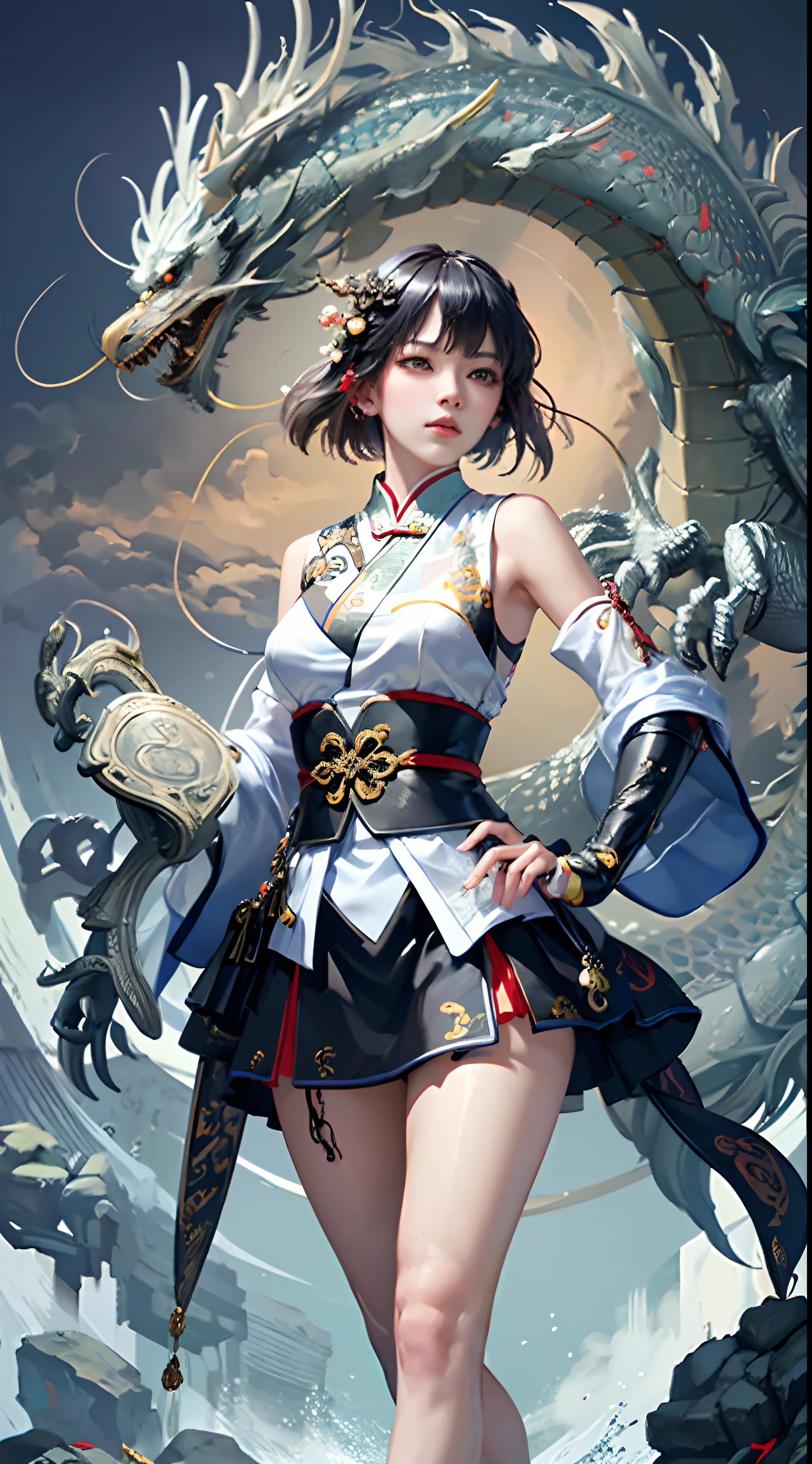 offcial art，统一 8k 壁纸，ultra - detailed，Beauty and aesthetics，tmasterpiece，best qualtiy，（zentangle，tangle，entangle），（s fractal art：1.4），1girl，black color hair，chineseidol，Playing chess，cropped shoulders，short  skirt，small thighs，nabel，The is very detailed，Play chess is perfectly integrated，dynamic angle，cowboyshot，（Chaos in its most beautiful form），flowy，（vivd colour），OC，（A half body：1.2），Chinese big breasts，（thangka flying sky：1.5），（ribbons：1.3），（dream magical：1.5），（Hanfu：1.5），chinesedragon，Chinese Phoenix，（ssmile：0.5 ),(chinese deity),