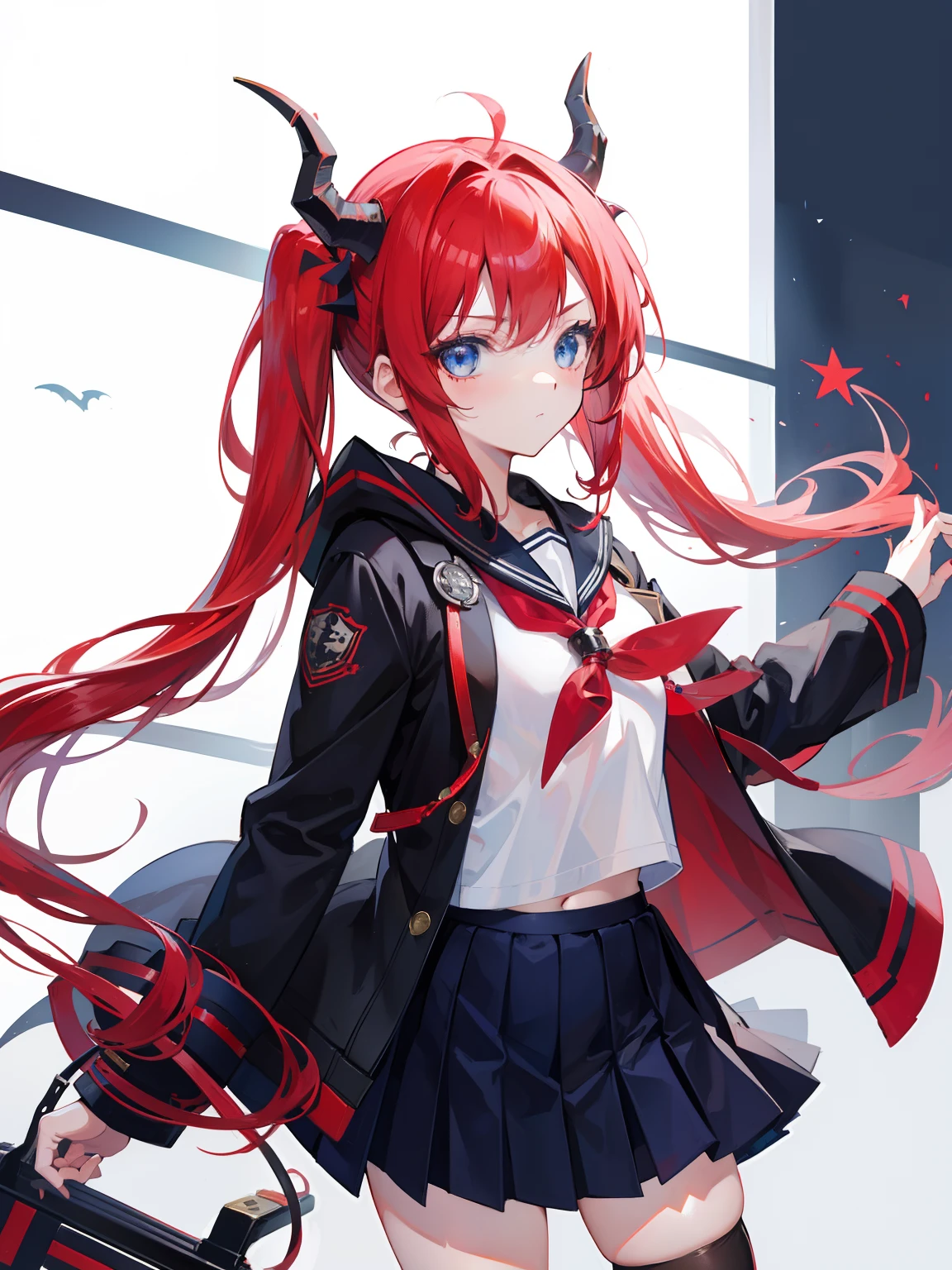red hair, blue eyes, twintails, Sailor suit,black coat, Dragon horns,Pleated skirt,solo,li,cute,bow