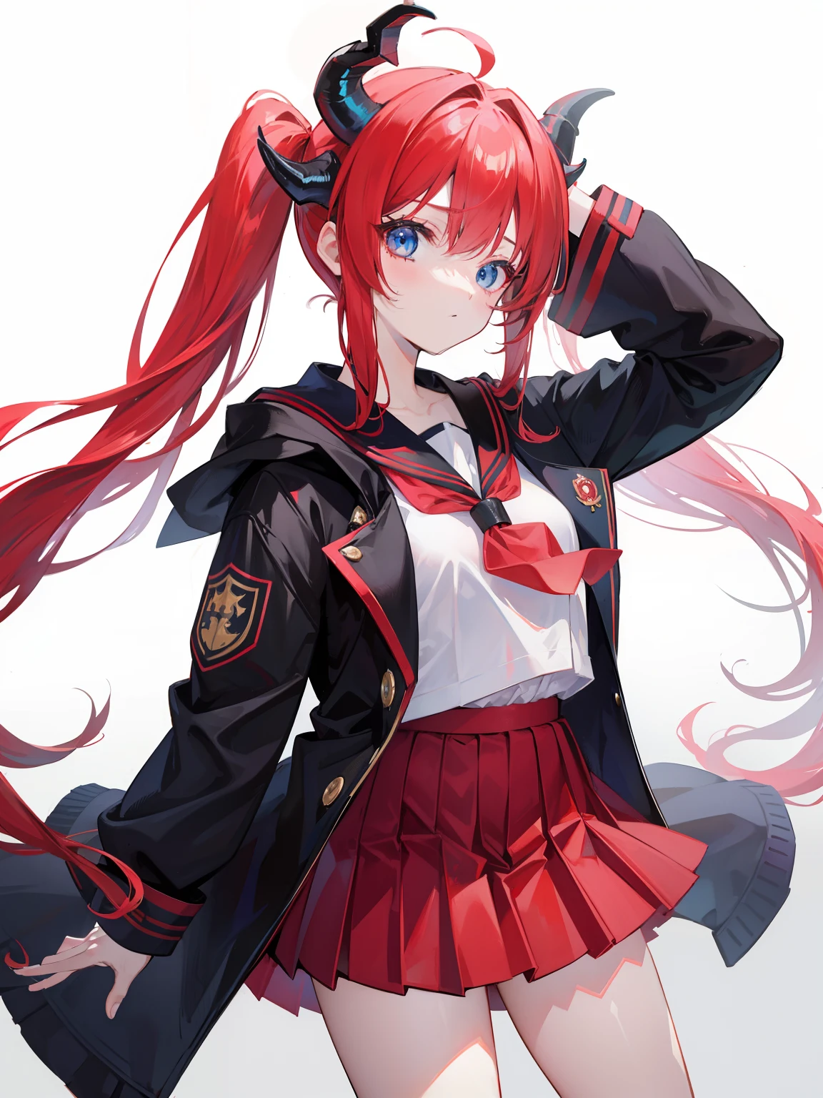 red hair, blue eyes, twintails, Sailor suit,black coat, Dragon horns,Pleated skirt,solo,loli,cute,bow