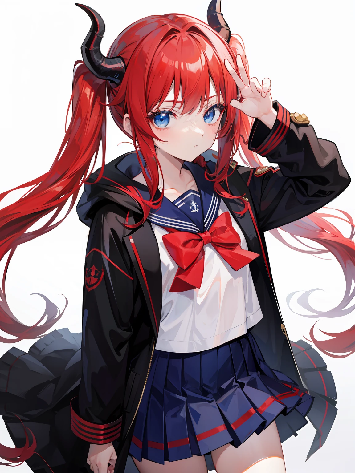 red hair, blue eyes, twintails, Sailor suit,black coat, Dragon horns,Pleated skirt,solo,loli,cute,bow