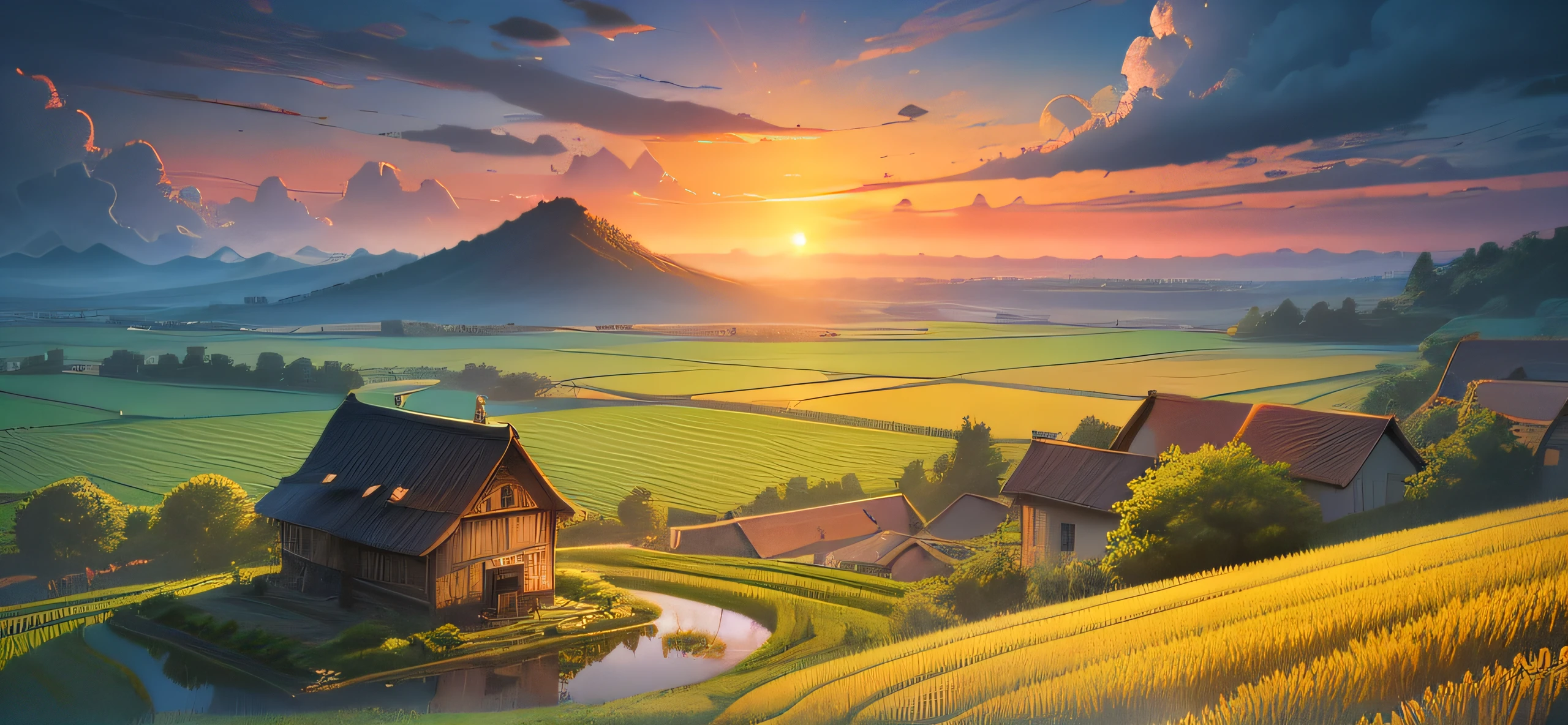(((best qualtiy))),high saturated,Pubic area is clear,Reasonable structure,Cartoon illustration style,Rustic,Rustic,mont,Casa,chimneys,clouds,Skysky,ricefield,farm land,wheat field,Wheat,the sunset,The tree