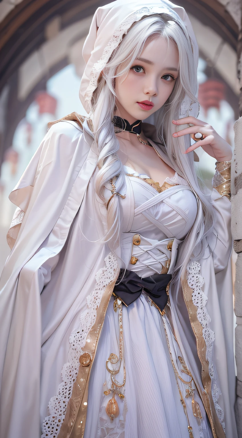 curvy, pouty lips, eyeliner, (long white hair), garb_g1, elaborate fully lined white boned corset, brocade A Line gown and robe, crystals, charms, rhinestone crosses, embroidery, bib, full neckline, full length skirt, frills, headdress with dangling beads, <lora:garb_g1-06a:0.7>, outdoors