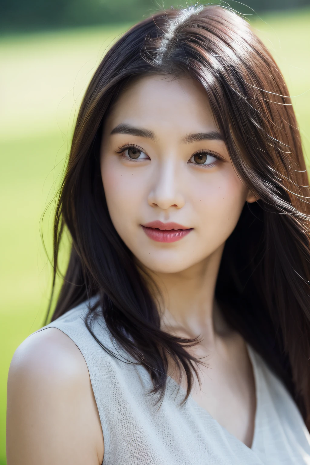best quality, masterpiece, Highres, outdoor shoot, chinese lady, happy and smile, Beautiful and perfect face, long black hair with Layer Cut, Simple and tight dress, Complex Details, Cinematic feel, 8K, highlydetailed、Big boobs、Shot from the waist up、hand on own chest, Distract your gaze、turning sideways、sideshot, ultra-detailed face, detailed lips, detailed eyes, double eyelid