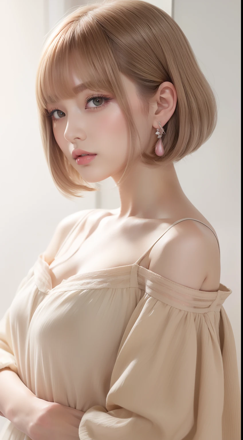 Spring and summer sweet business look hairstyle portrait。Hair color is ash beige、Styling with straight bangs and a simple bob。With pink lip and pastel eyeshadow、Creates an elegant and feminine look。