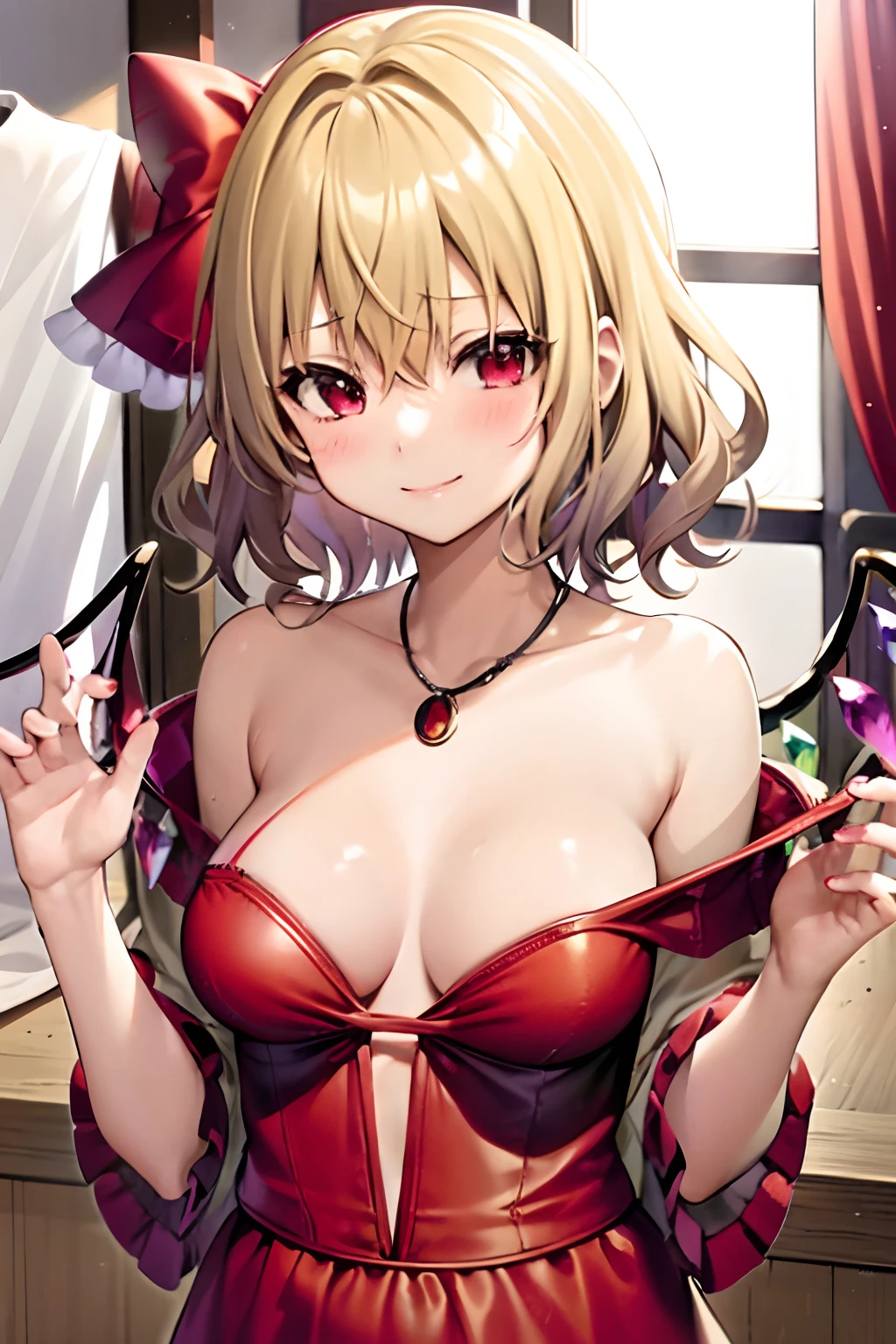 masutepiece, Best Quality, 1girl in,Flandre Scarlet,Blonde side ponytail、It has colorful feathers、RED dress、Undressing、red blush、H-cup breasts、red blush、a smile、Enchanted Girl