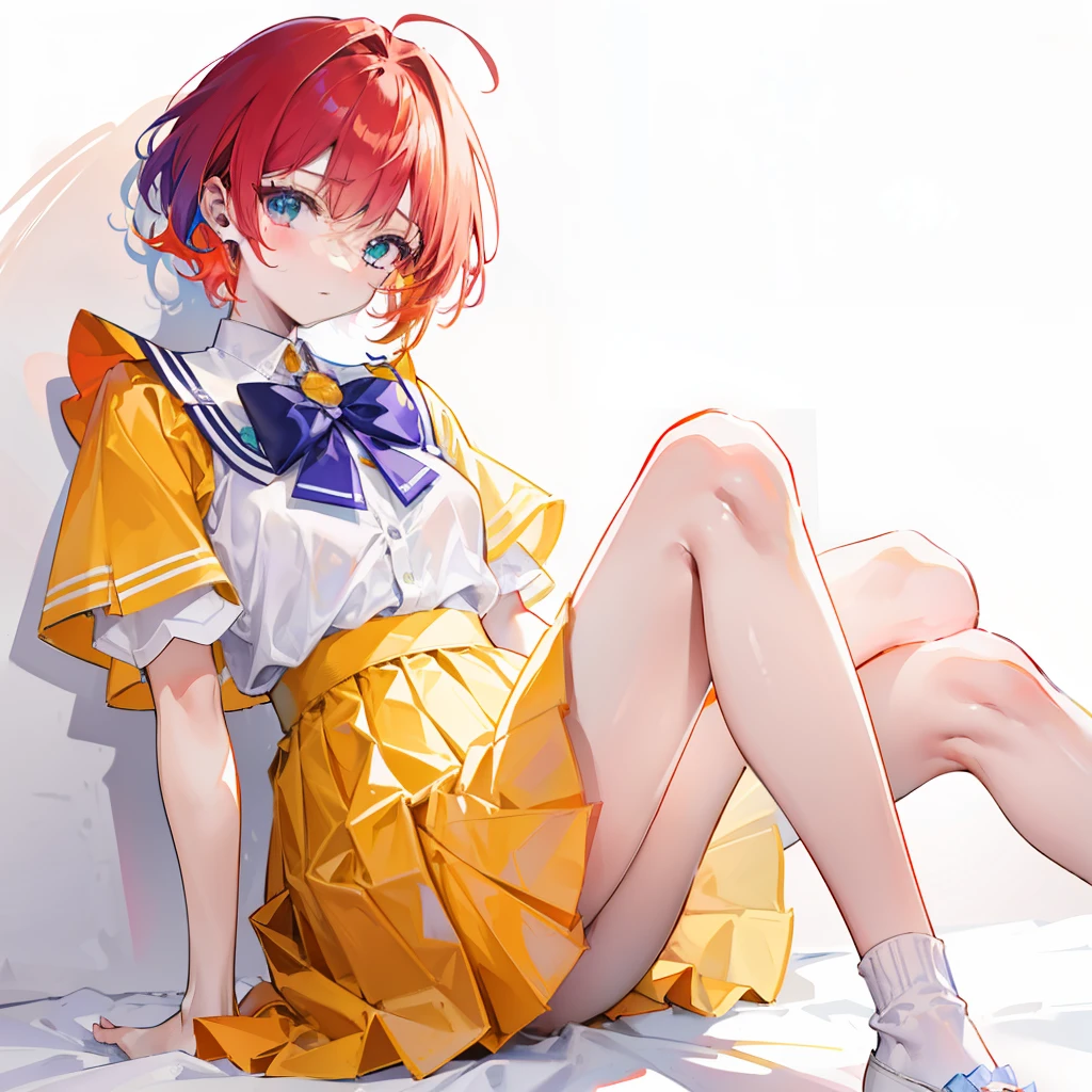 Fluorescent red, orange, yellow, green, blue, and purple short hair,Wear a yellow apricot JK uniform and a white pleated skirt,Knee-length white silk,Looks dignified and cute,A little sweet