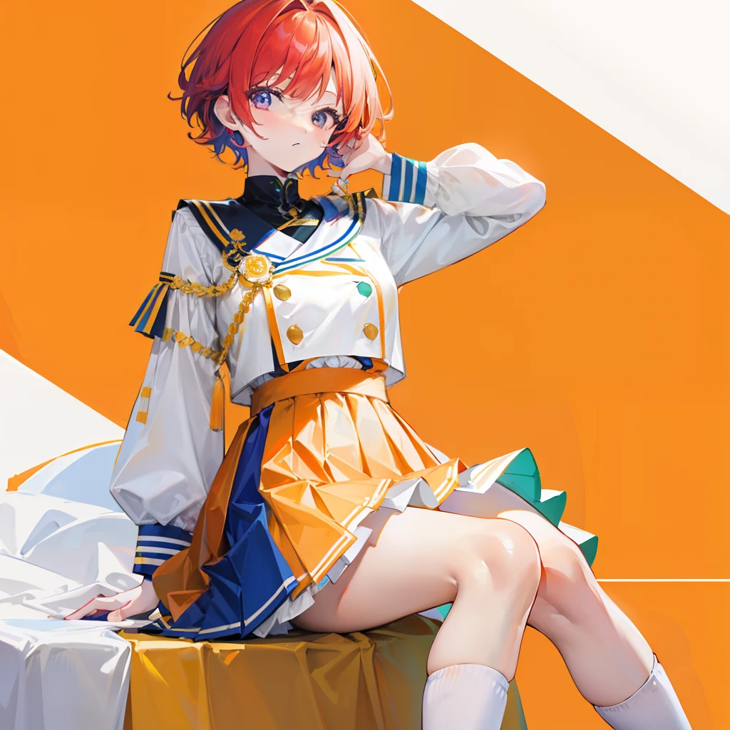 Light large red，verde claro，Wear a yellow apricot JK uniform and a white pleated skirt，Knee-length white silk，Looks dignified and cute，A little sweet