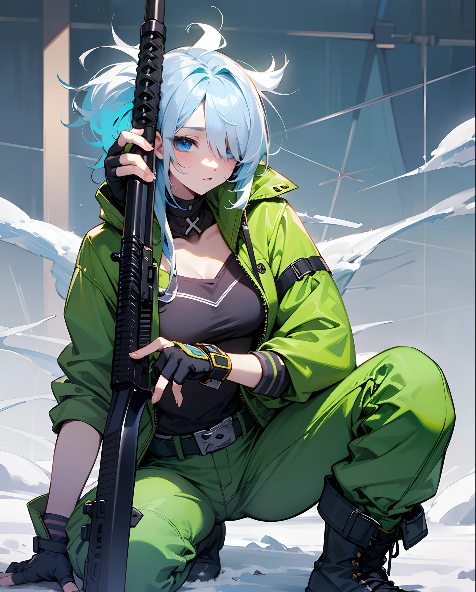 masterpiece, best quality, blue eyes, hair over one eye, green jacket, (cleavage:0.7), belt, green pants, fingerless gloves, cross-laced boots, holding AK-47, snow, one knee, from side, wide shot, blue sky